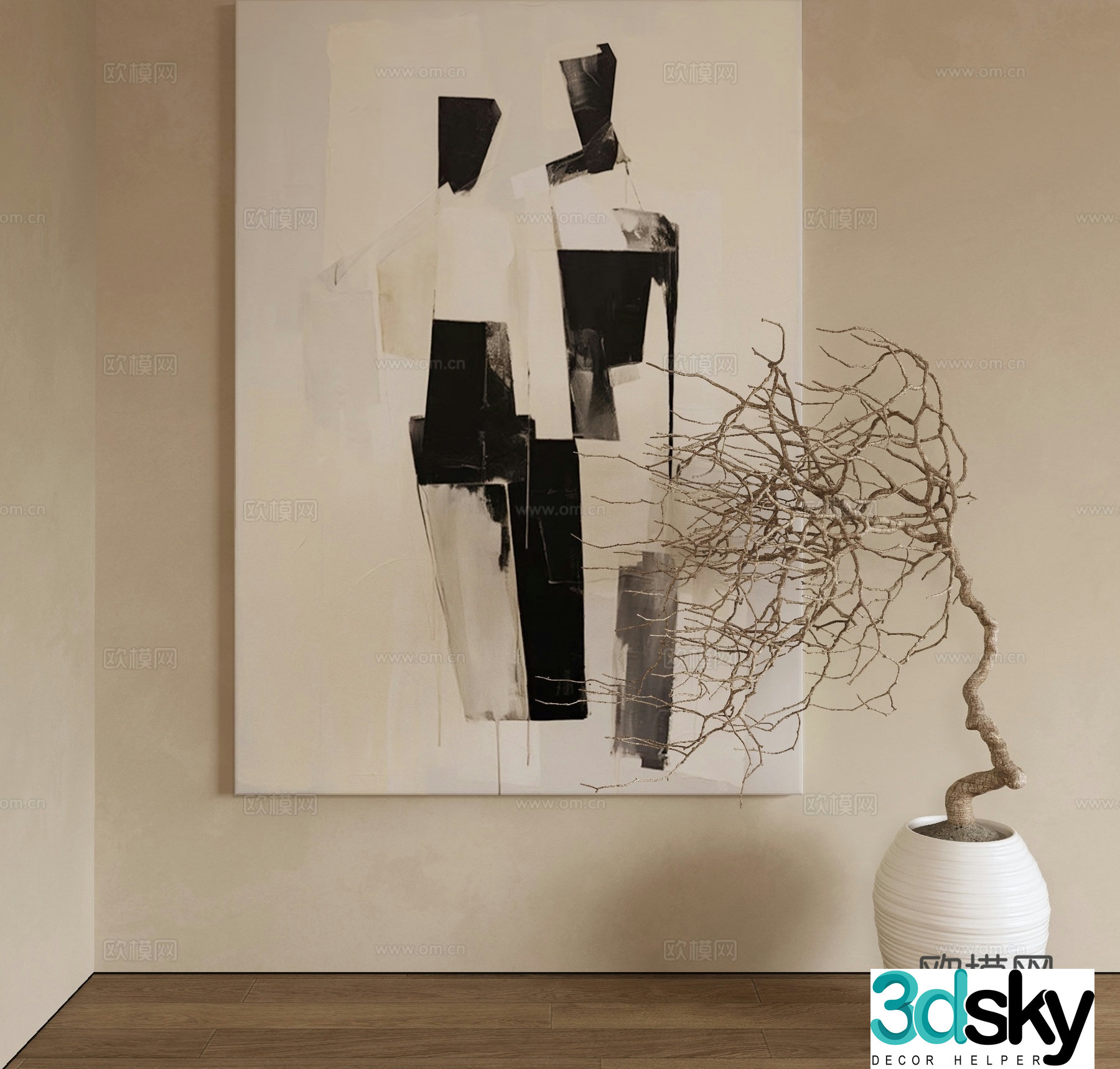 Modern decorative painting texture painting black and white painting 3d model