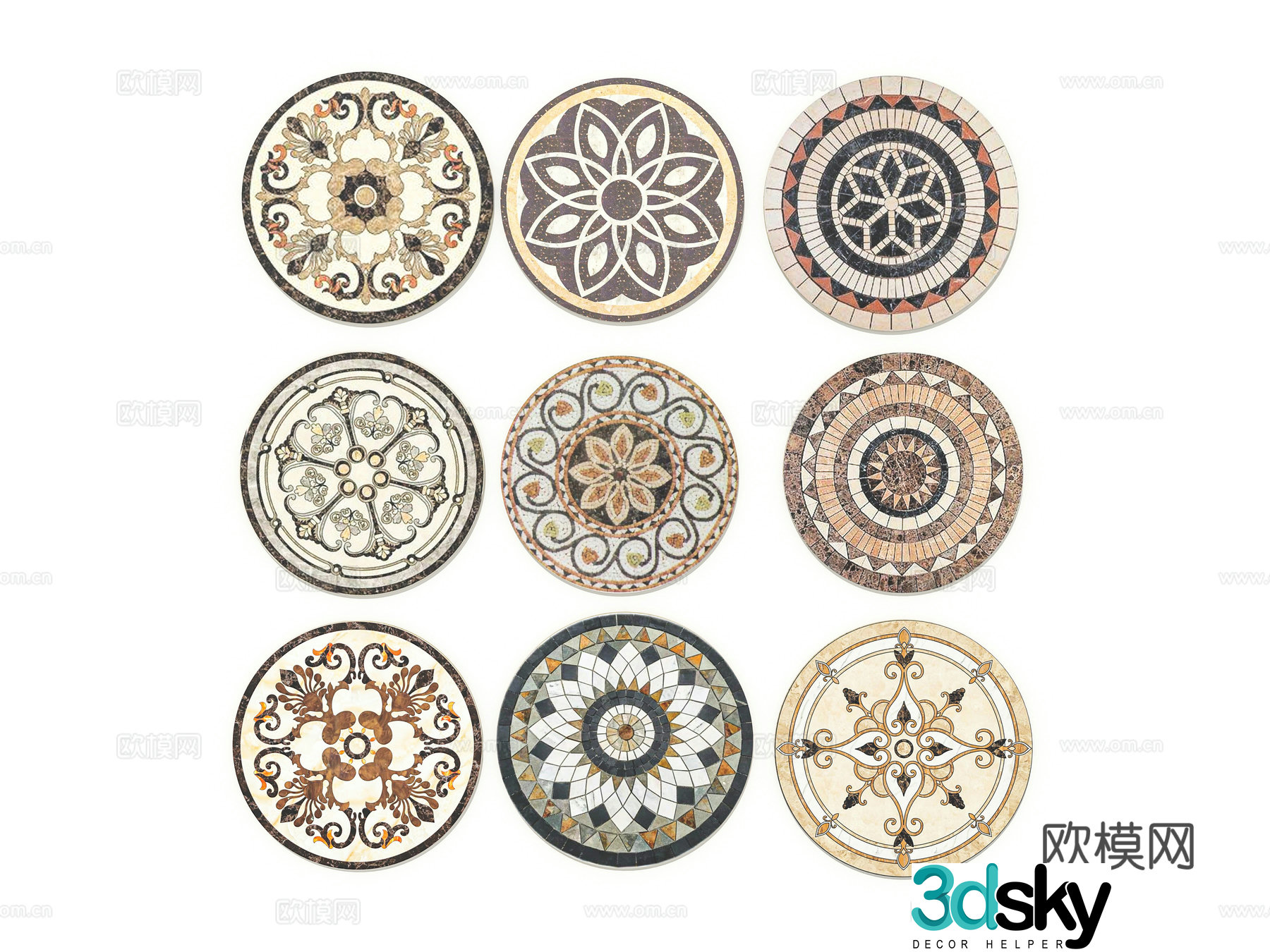 European round marble floor carving pattern paving floor tiles 3D model