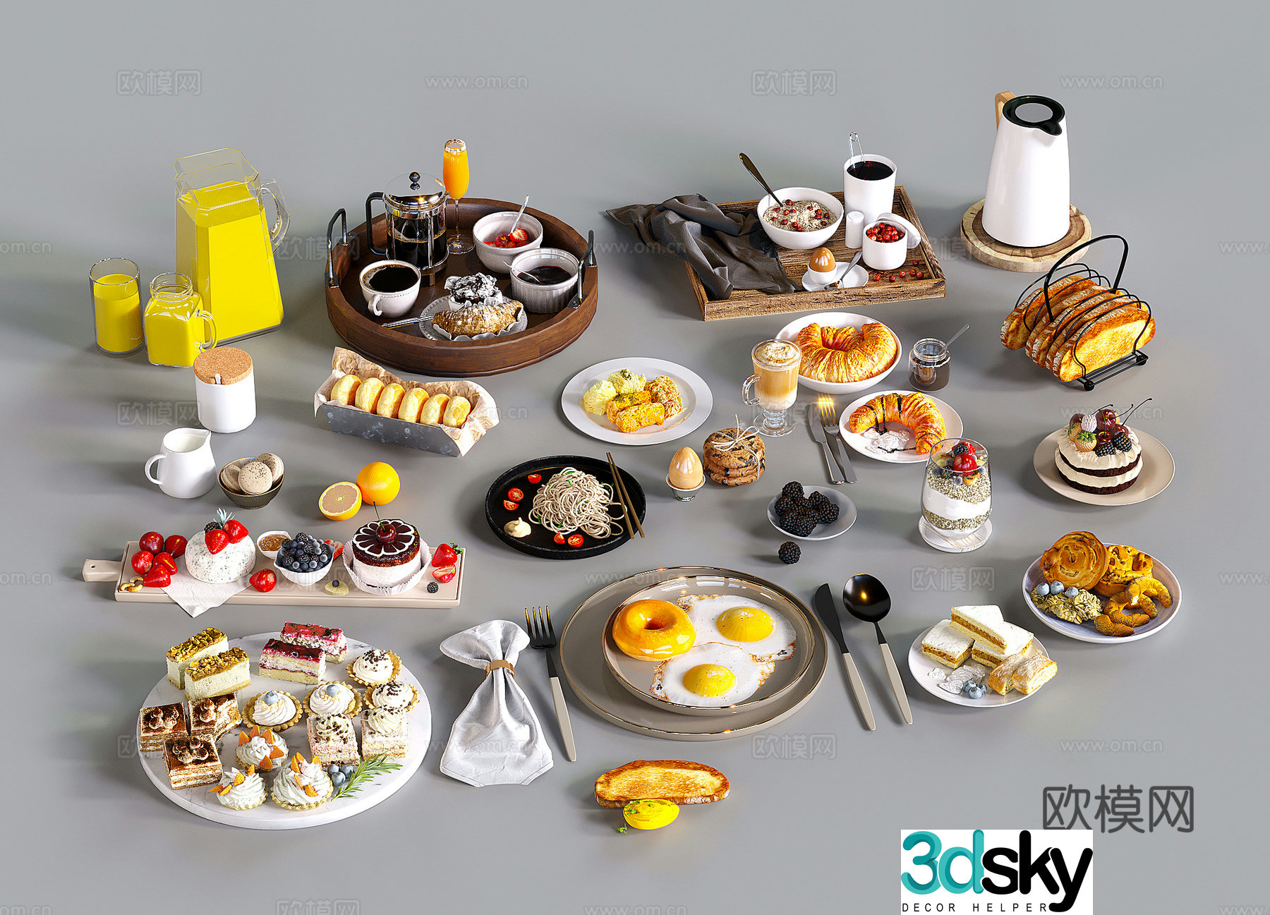 modern food bread cake coffee drink 3d model