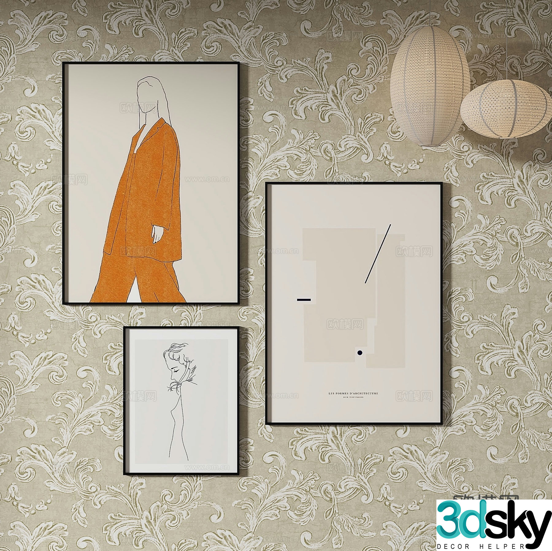 Simple European retro painting abstract painting decorative painting 3d model