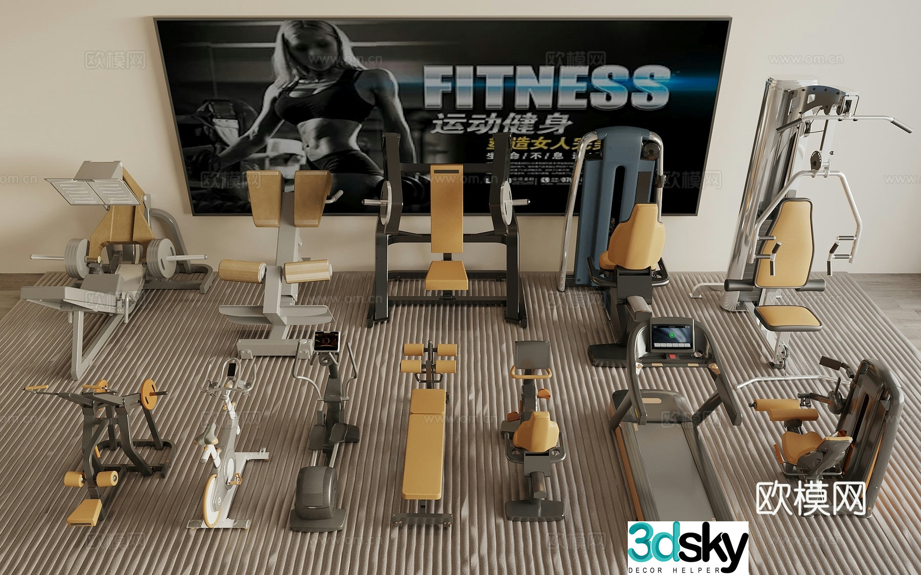 fitness equipment dumbbell treadmill 3d model