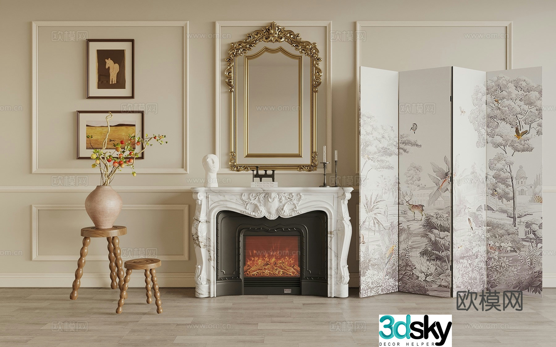 french fireplace decorative fireplace flame 3d model