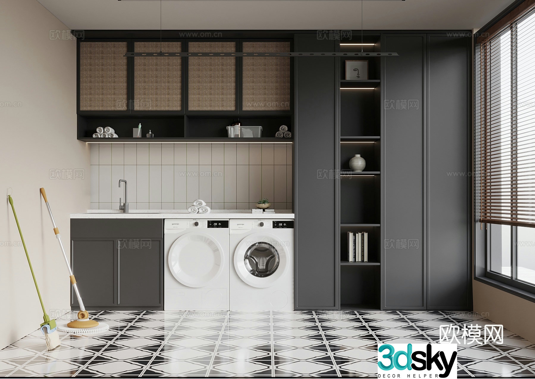 French washing machine cabinet clothes drying rack 3d model