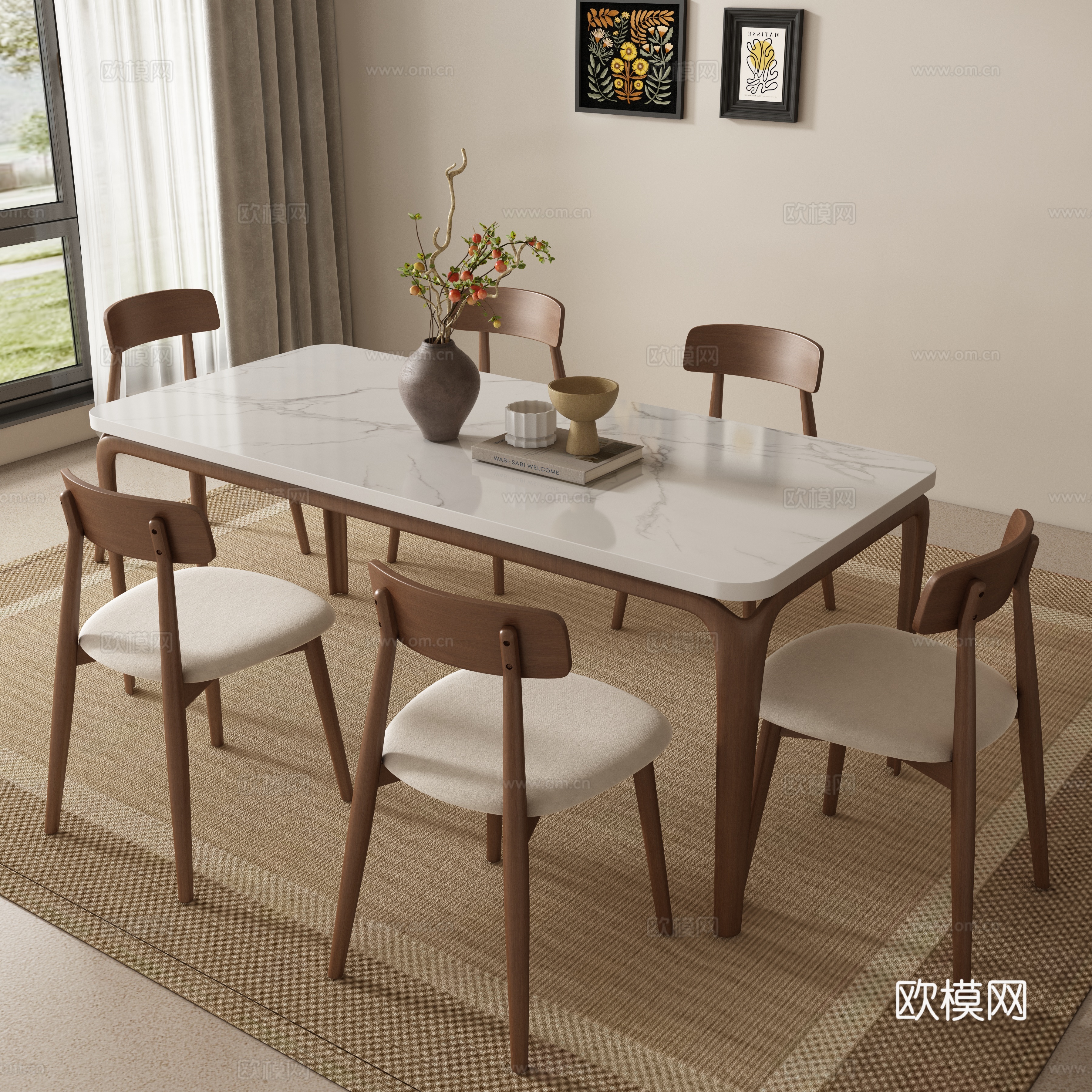 Medieval style dining table and chairs marble dining table 3d model