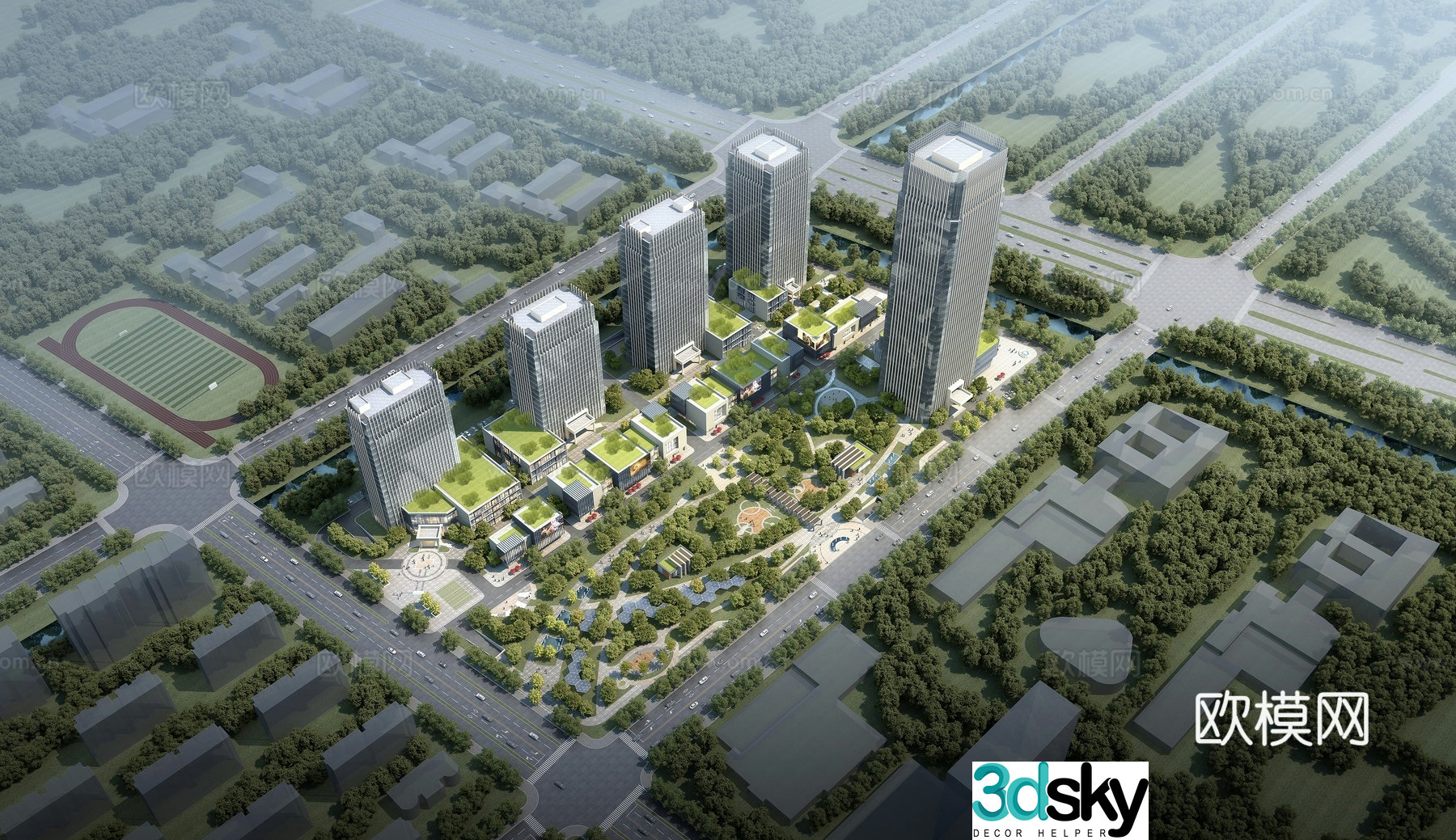 Aerial view of business district CBD aerial view 3d model