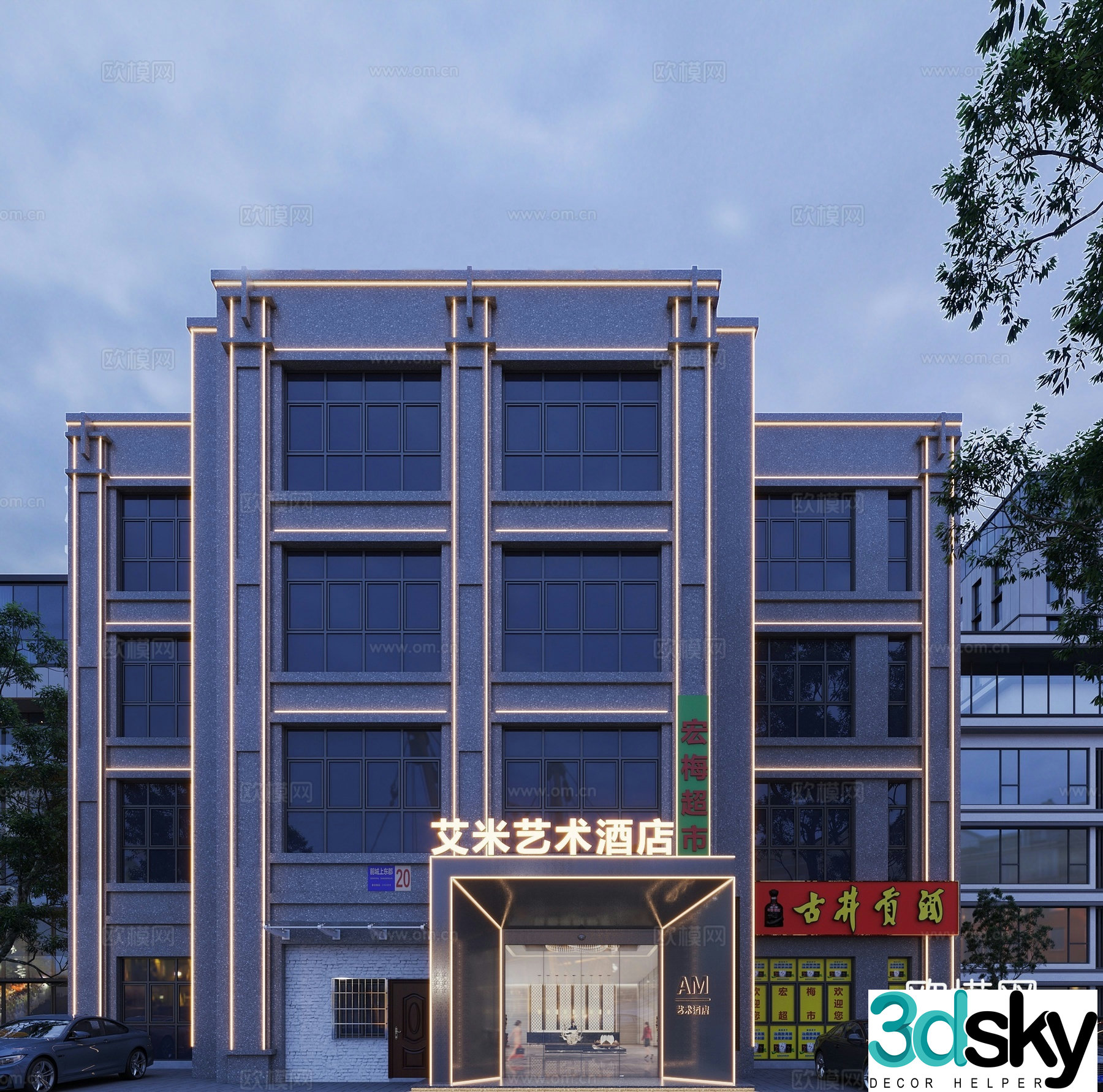 Hotel front commercial facade 3d model