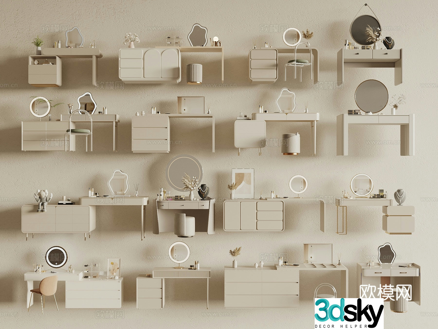 Cream style dressing table dressing table 3d model