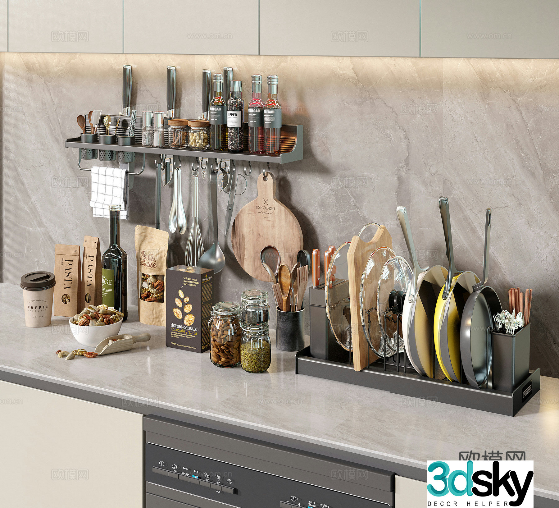 Kitchen supplies kitchen utensils condiments pots 3d model