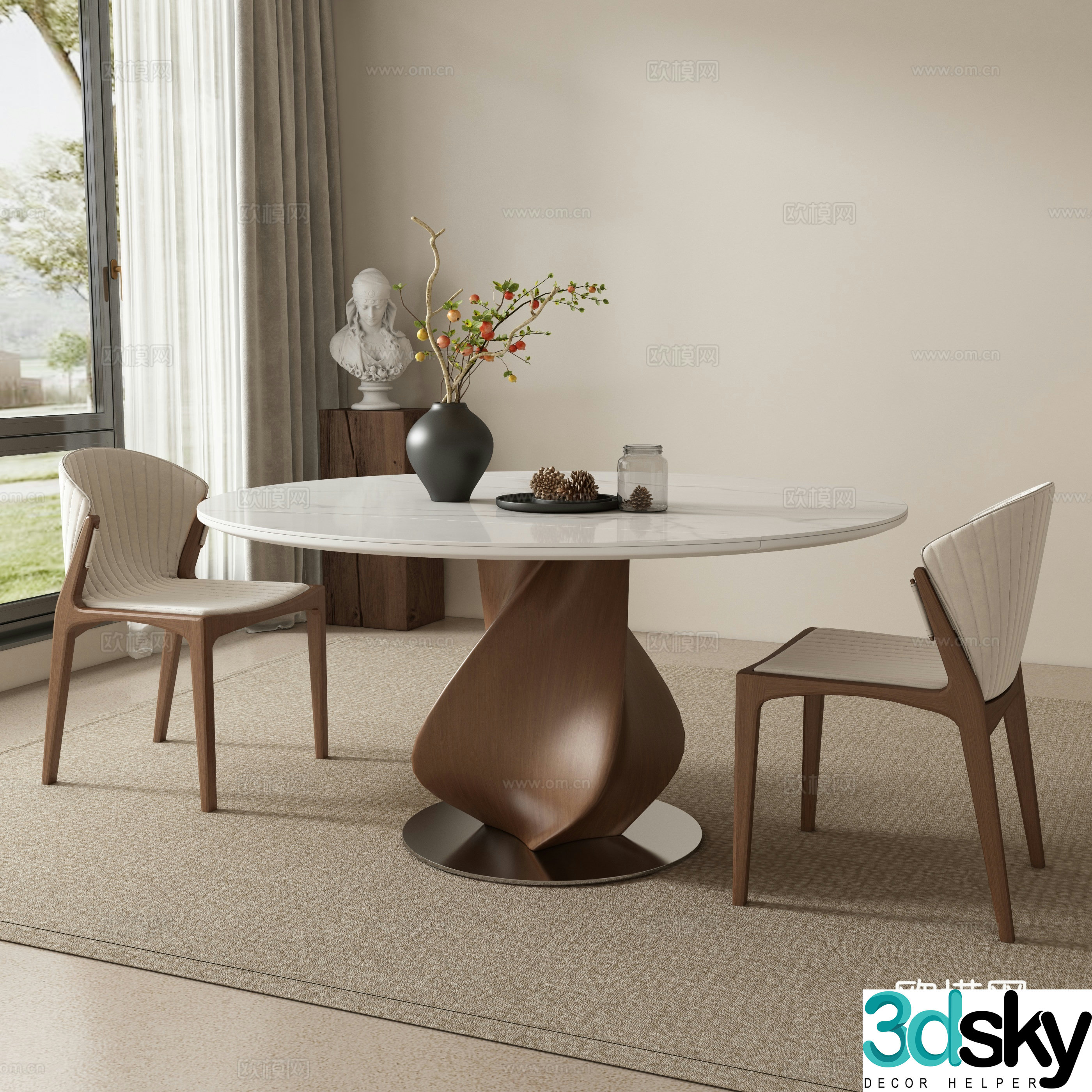 Medieval style dining table and chairs round dining table 3d model