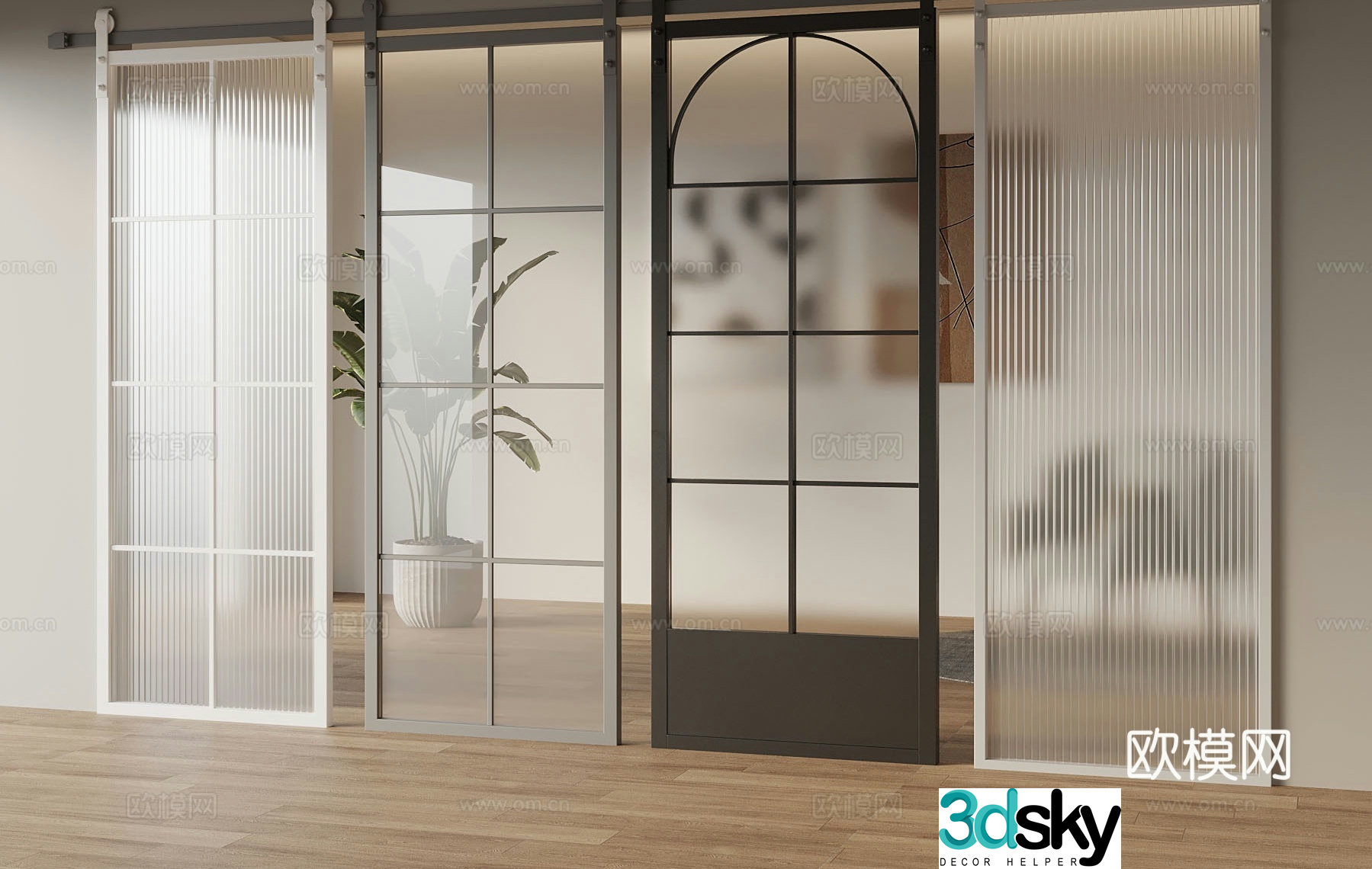 Glass sliding door grille door kitchen and bathroom door 3d model