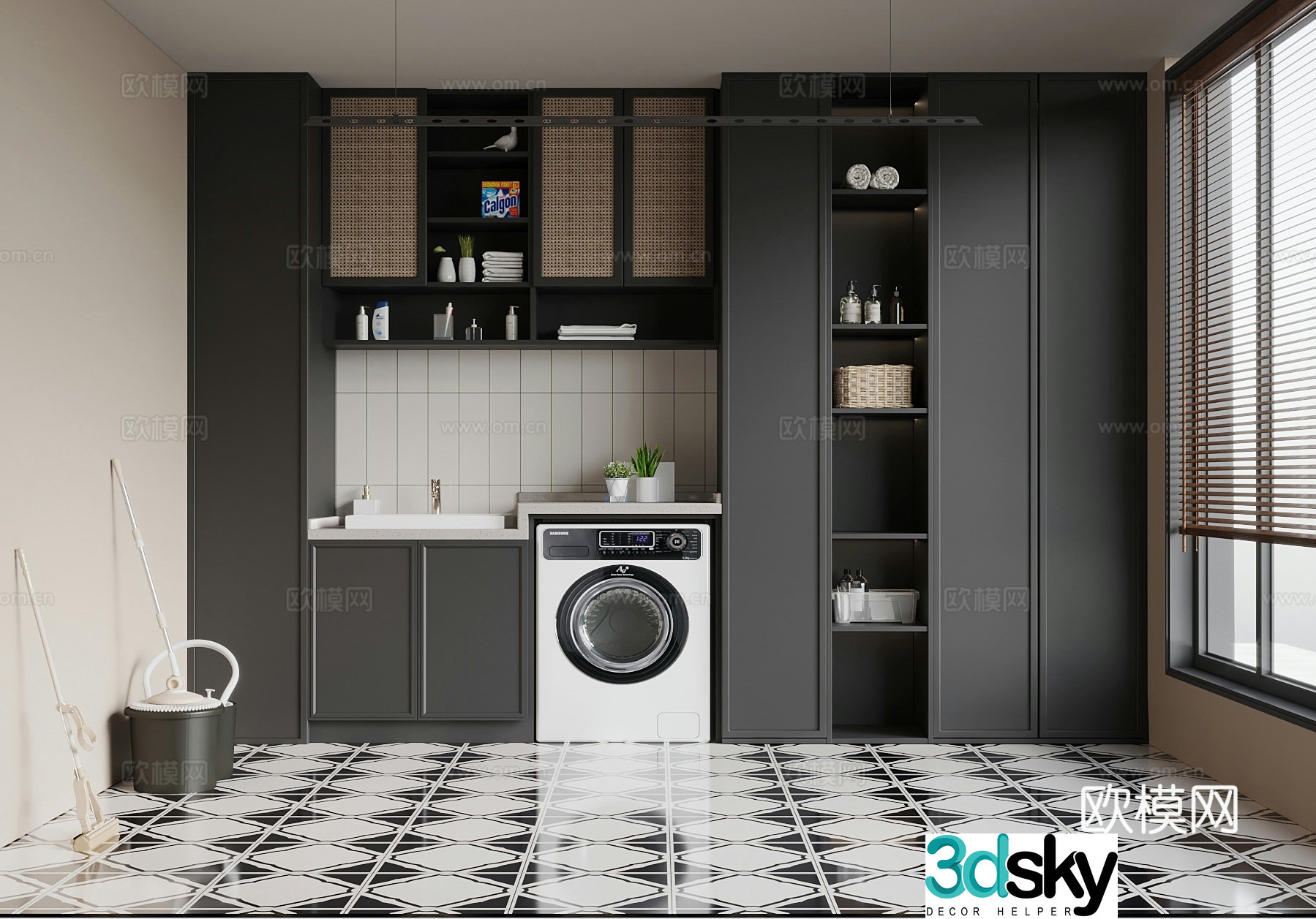 French washing machine cabinet clothes drying rack 3d model