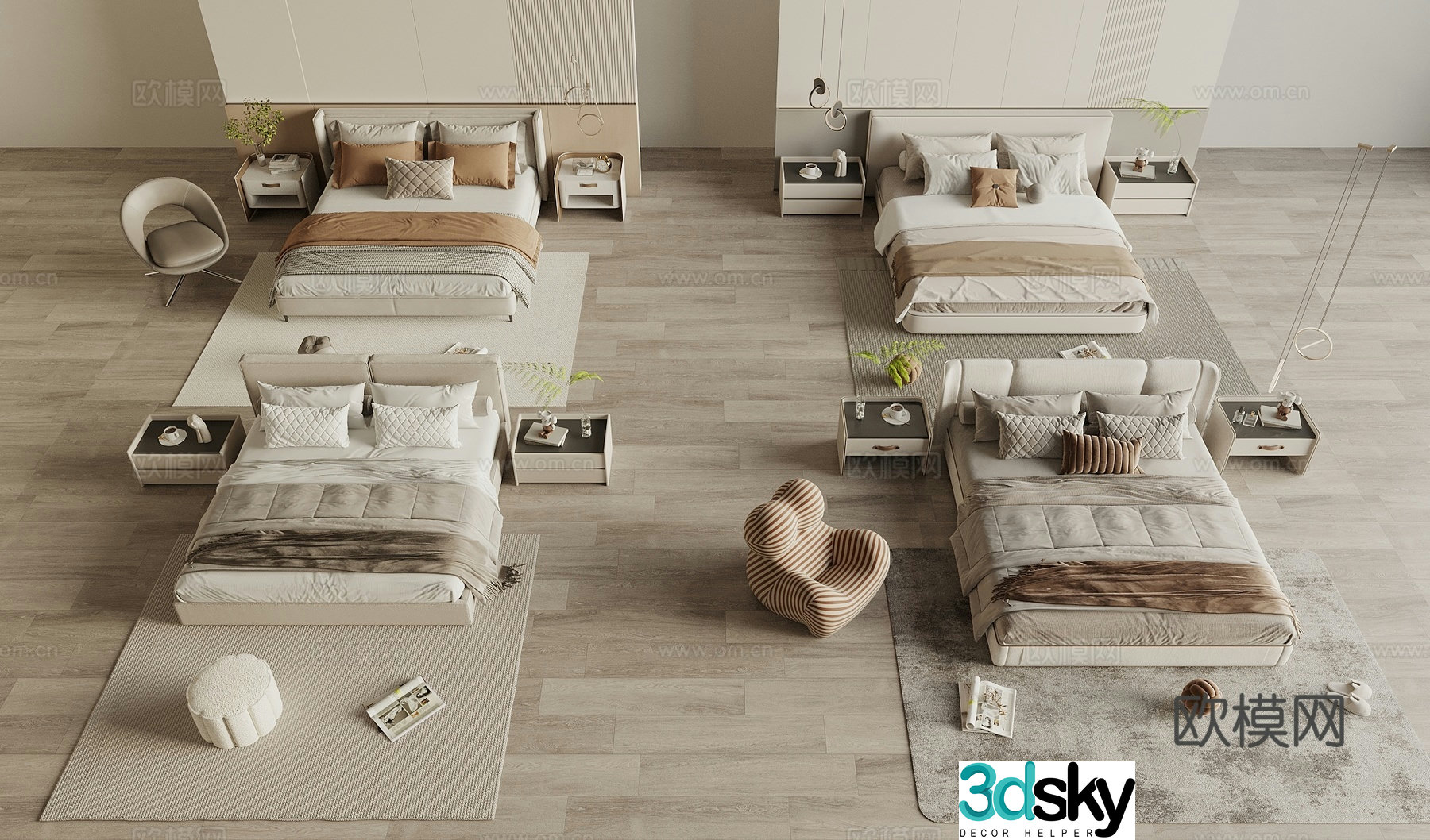 Cream style double bed 3d model