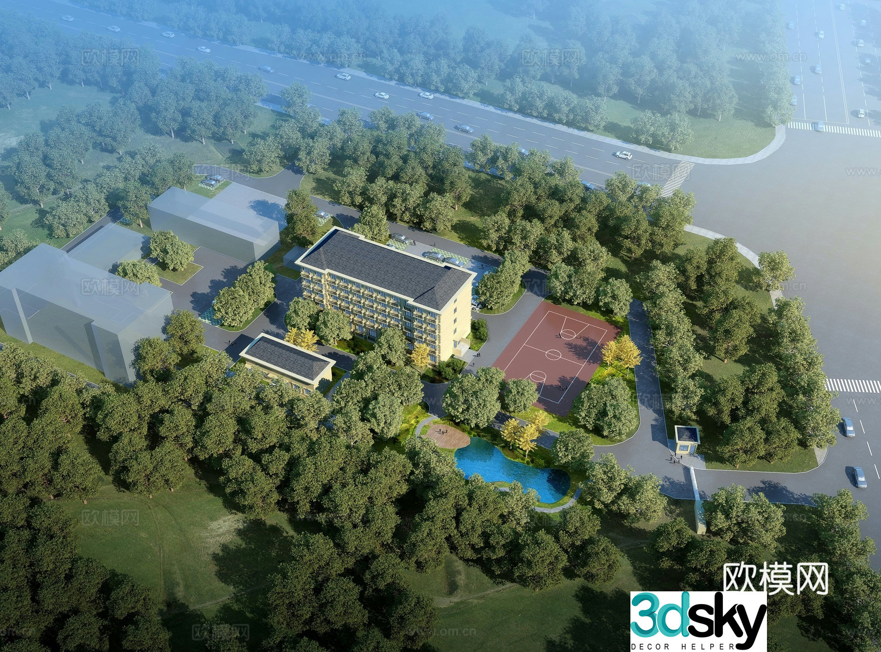 Aerial view of office building Aerial view of business district 3D model