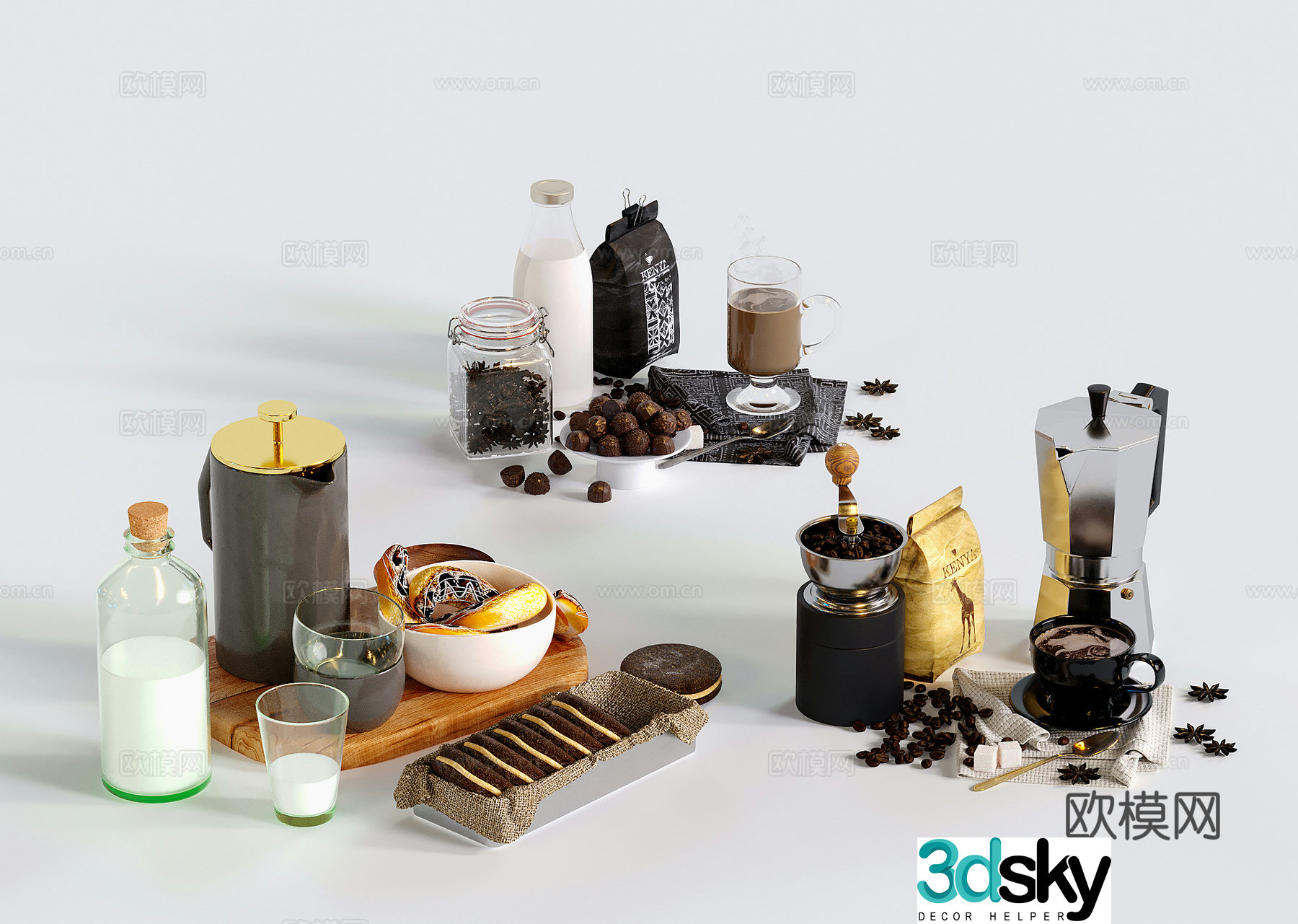 modern food coffee cookies milk coffee pot coffee supplies 3d model