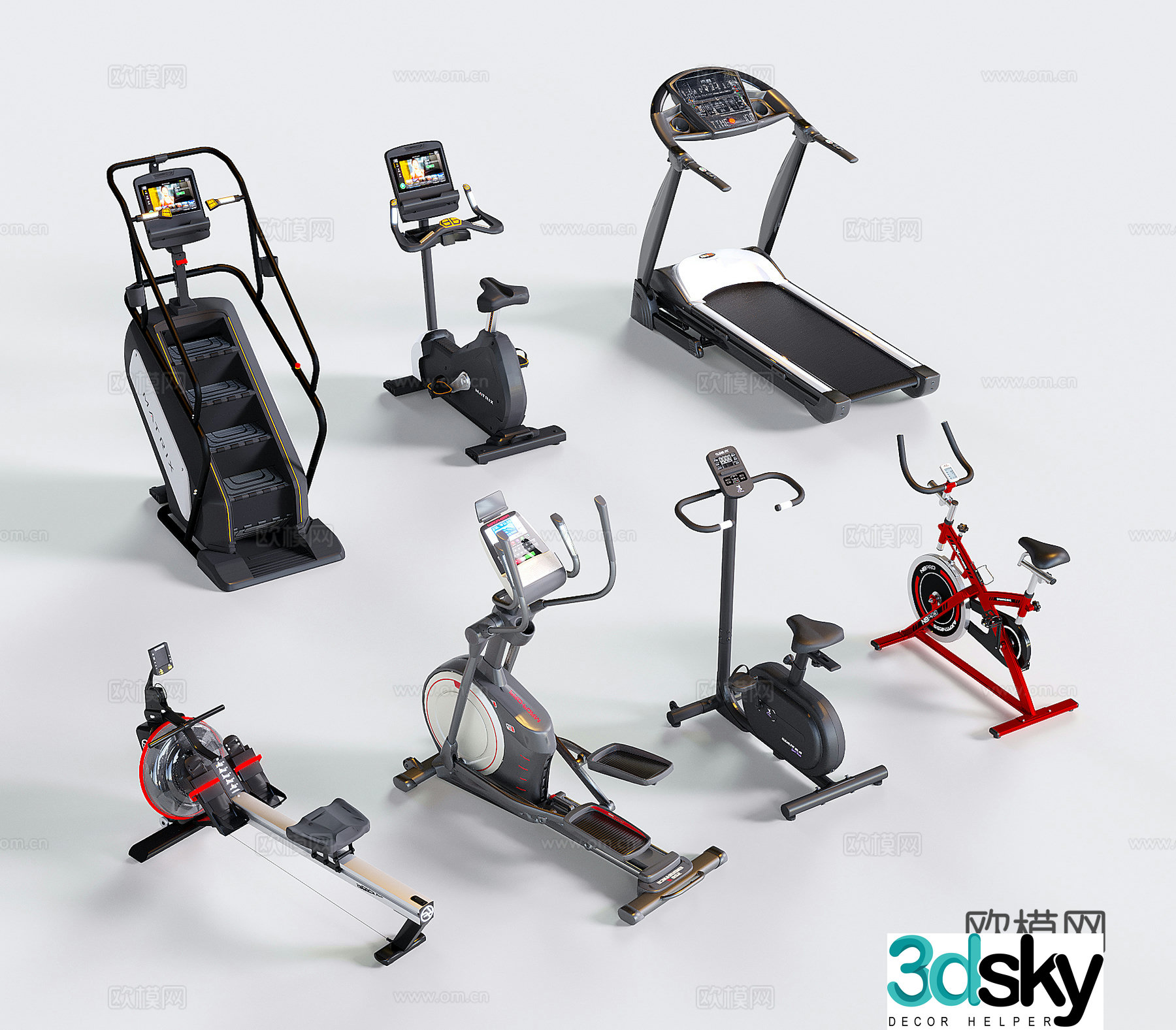Modern fitness equipment treadmill bicycle stepper 3d model