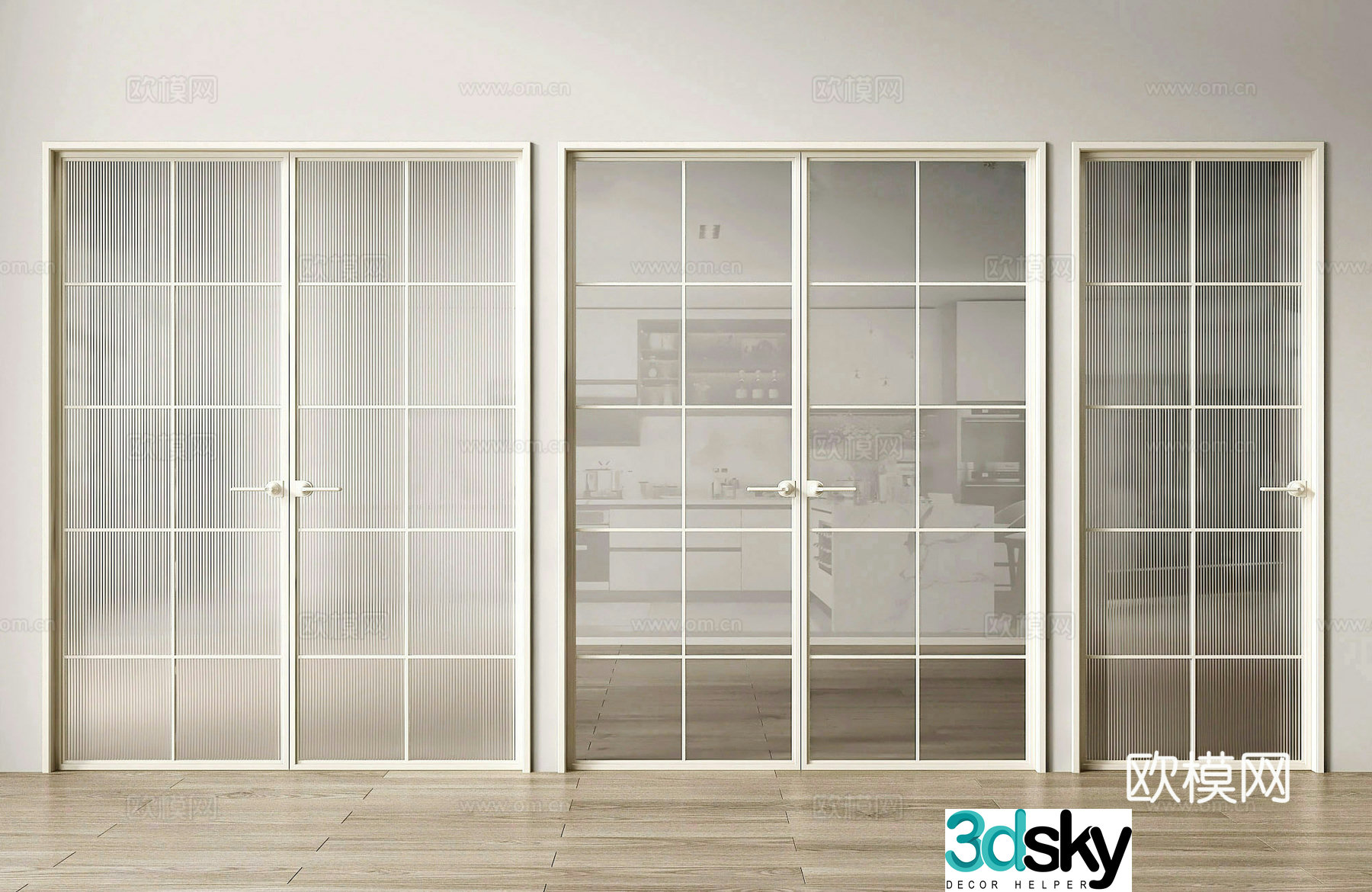 Cream style double door single door glass door 3d model