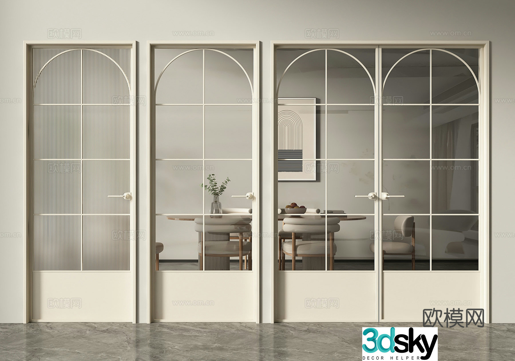 Cream style double door single door glass door Changhong glass door 3d model