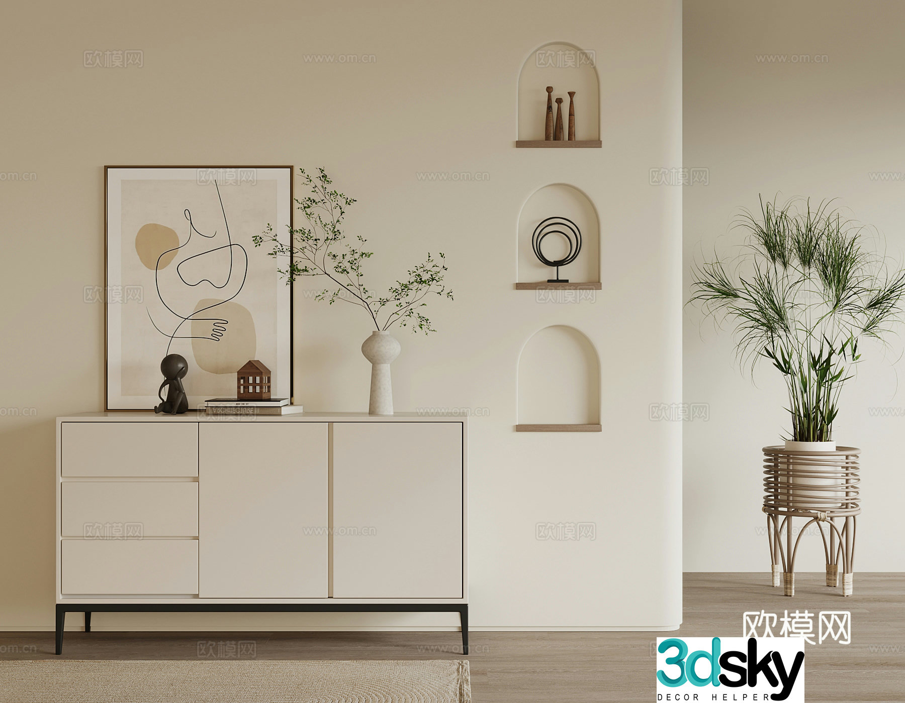 Cream style entrance cabinet side cabinet 3D model
