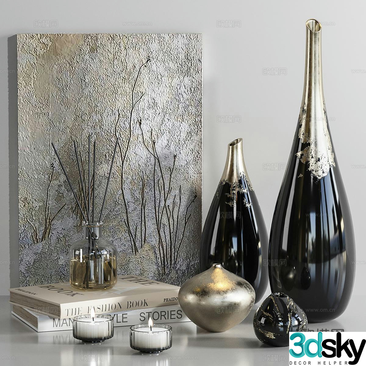 Modern decorations ornaments vases books 3d model