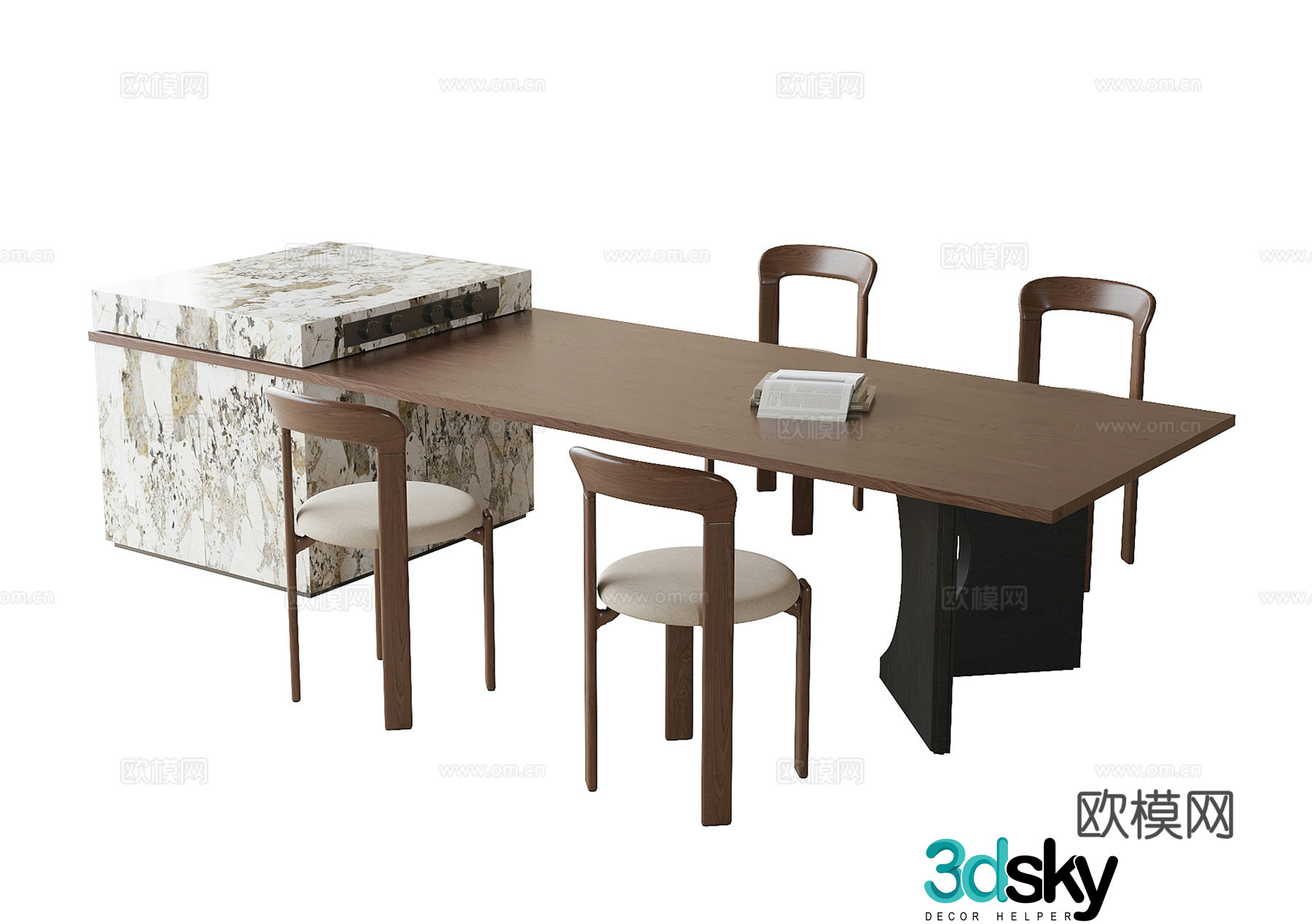 Modern island table dining table and chairs 3D model