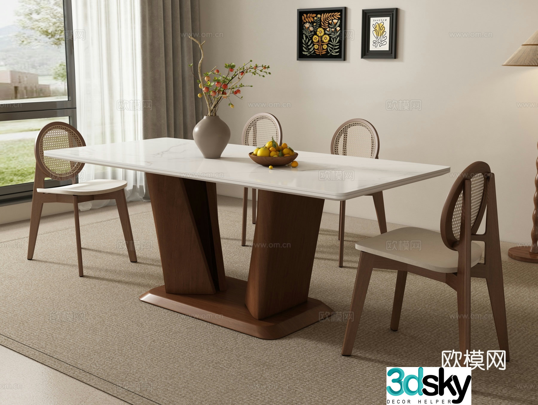Medieval style dining table and chairs marble dining table 3d model
