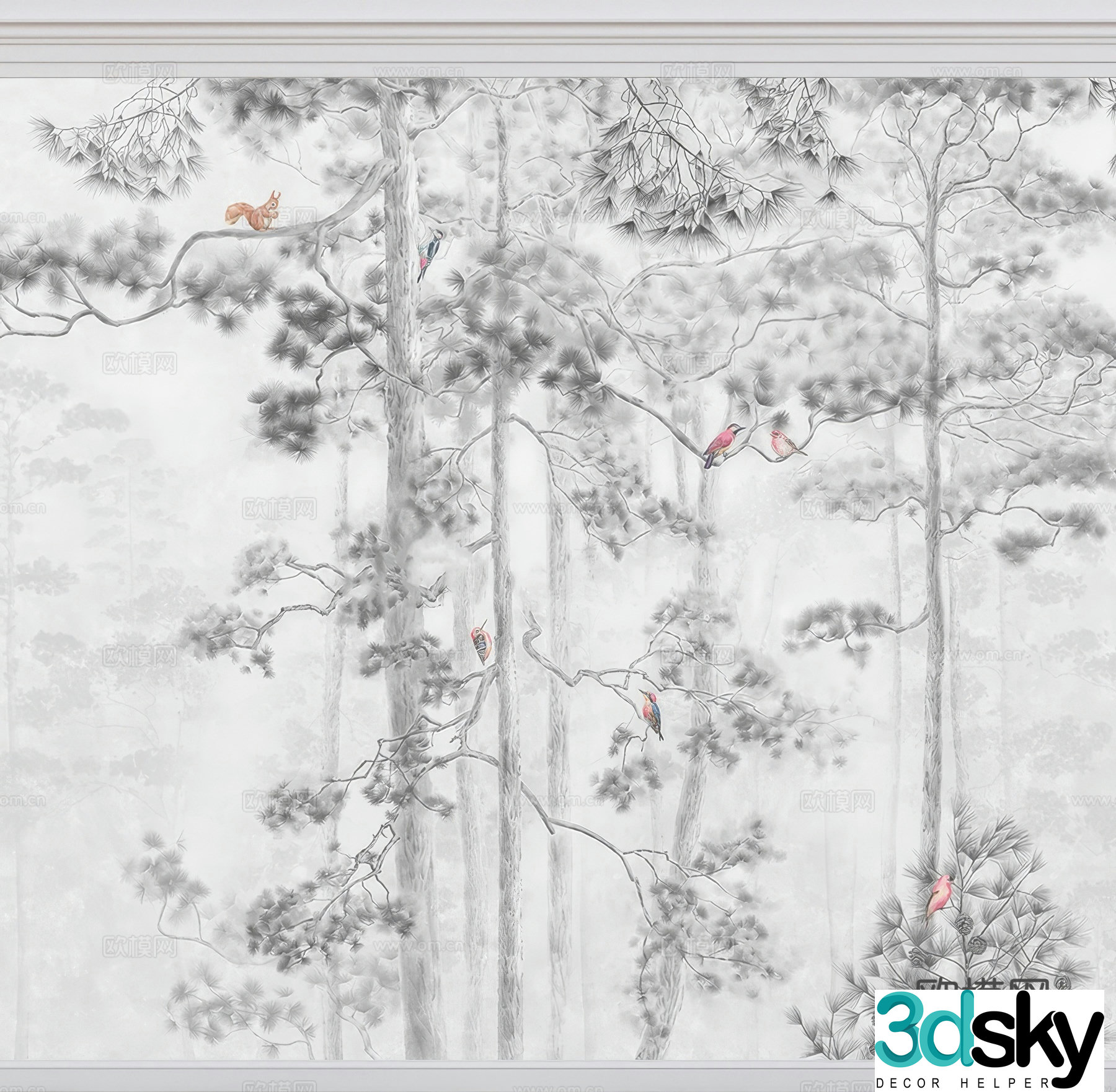 New Chinese style mural background wall plant wallpaper 3d model