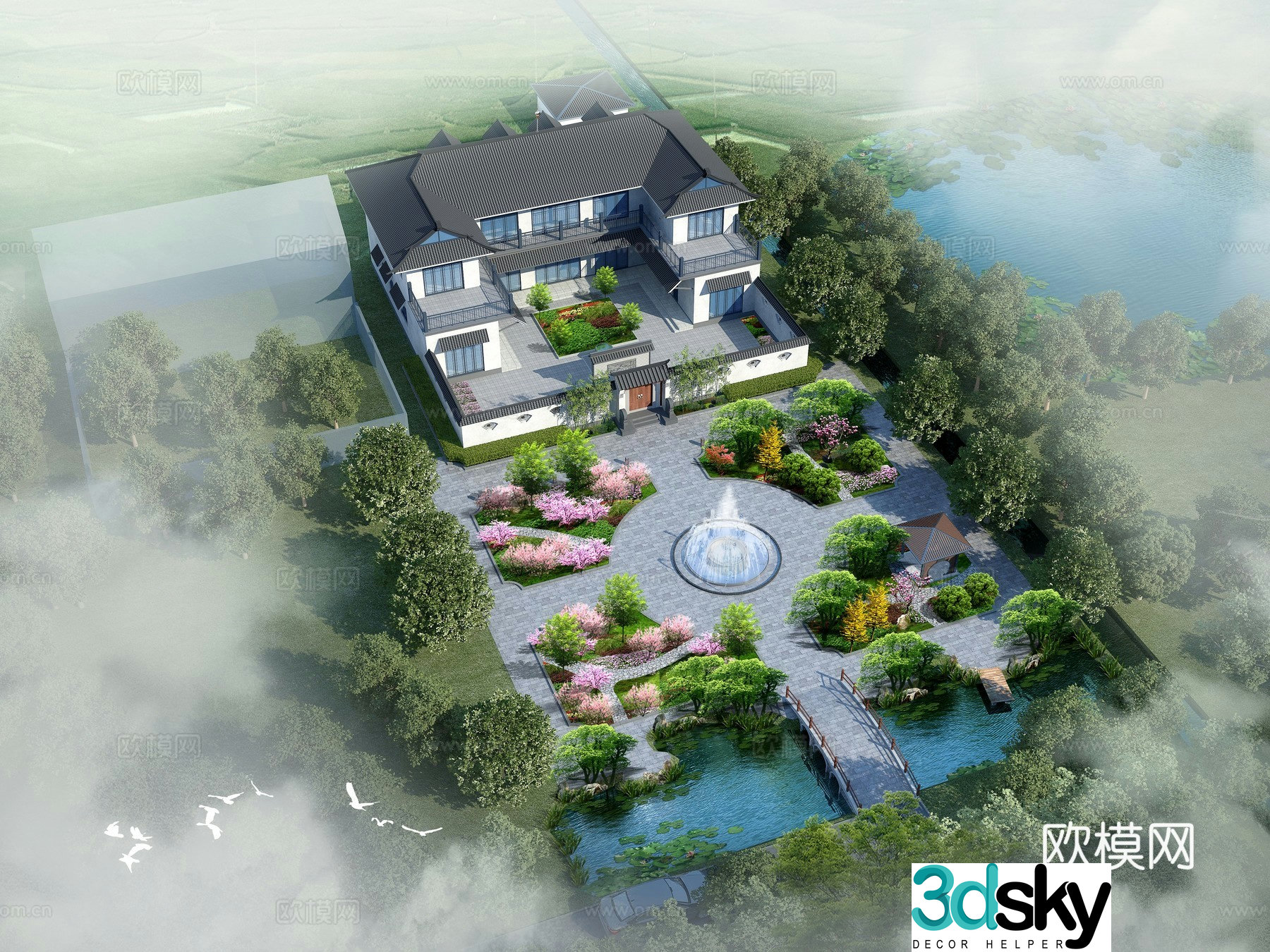 Aerial view 3D model of Chinese-style ancient courtyard