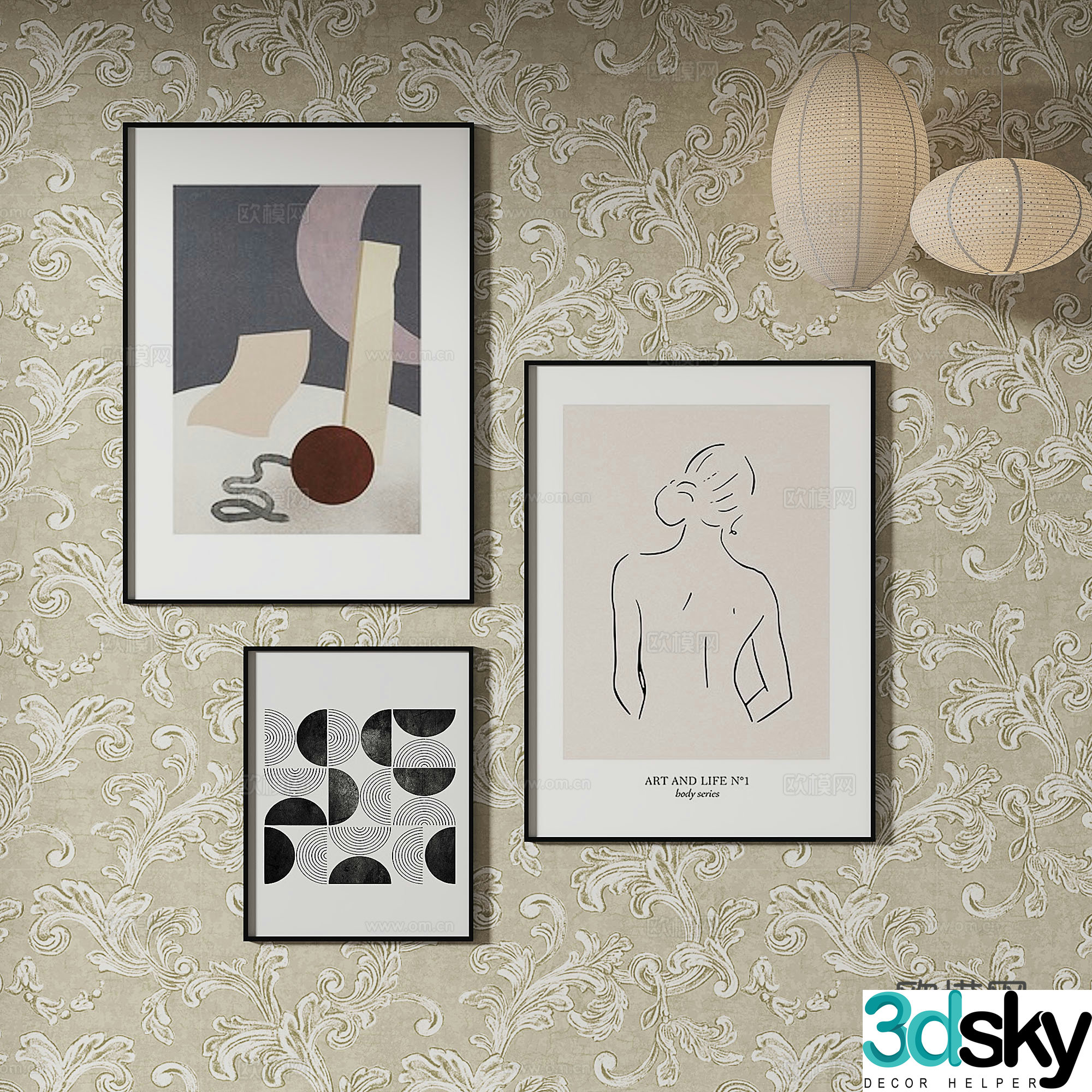 Simple European retro painting abstract painting decorative painting 3d model