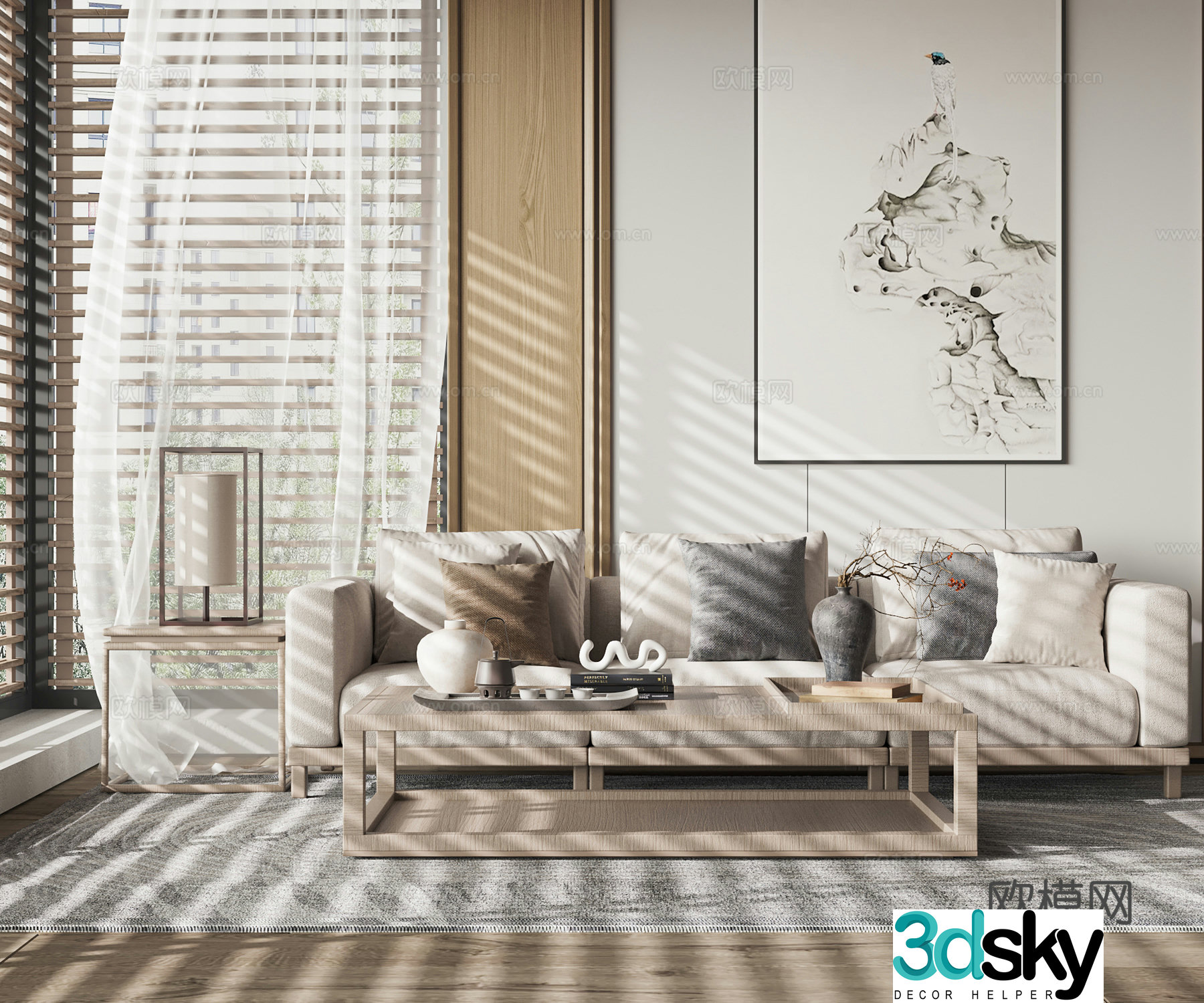 New Chinese style sofa coffee table three person sofa 3d model