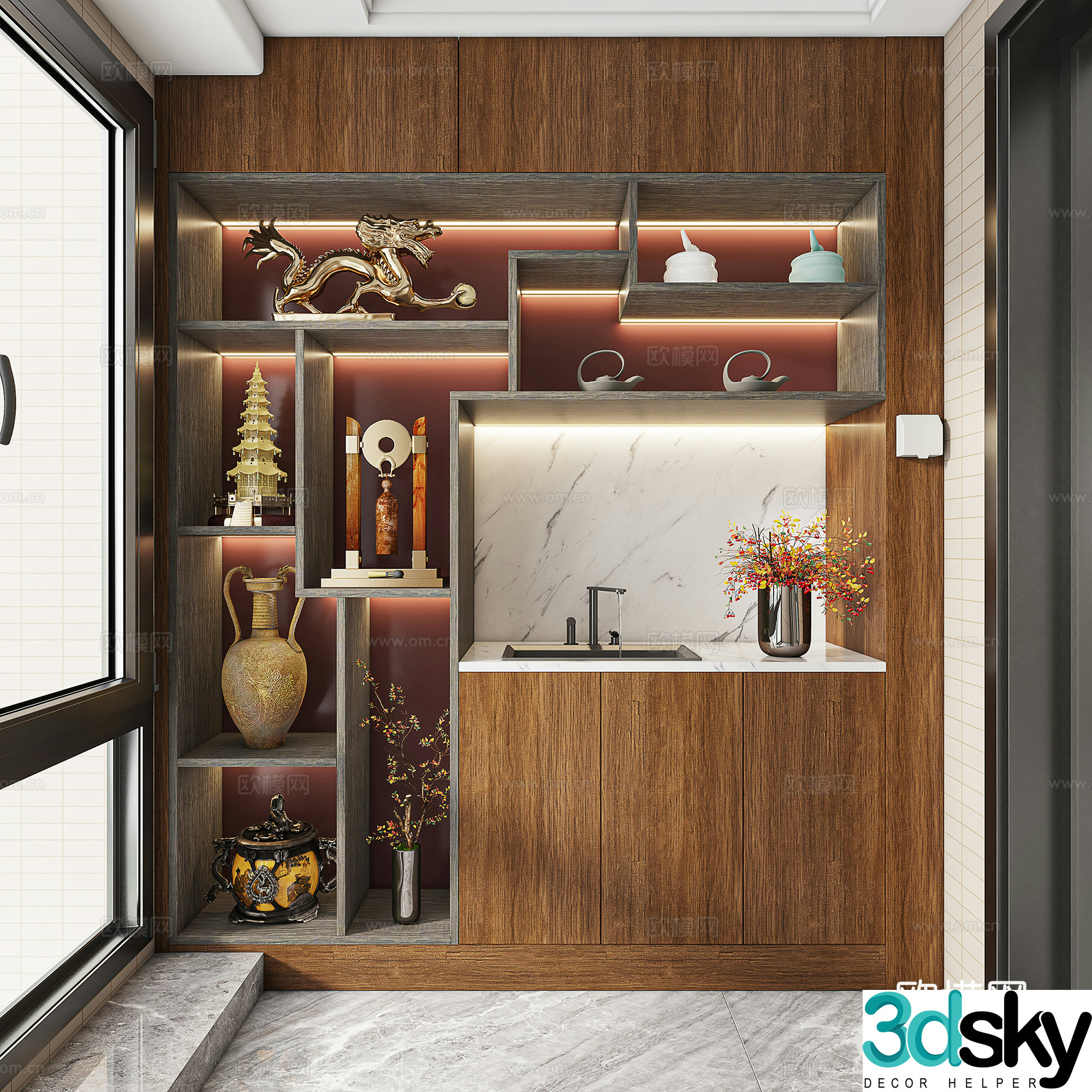 New Chinese style balcony cabinet decorative cabinet 3d model