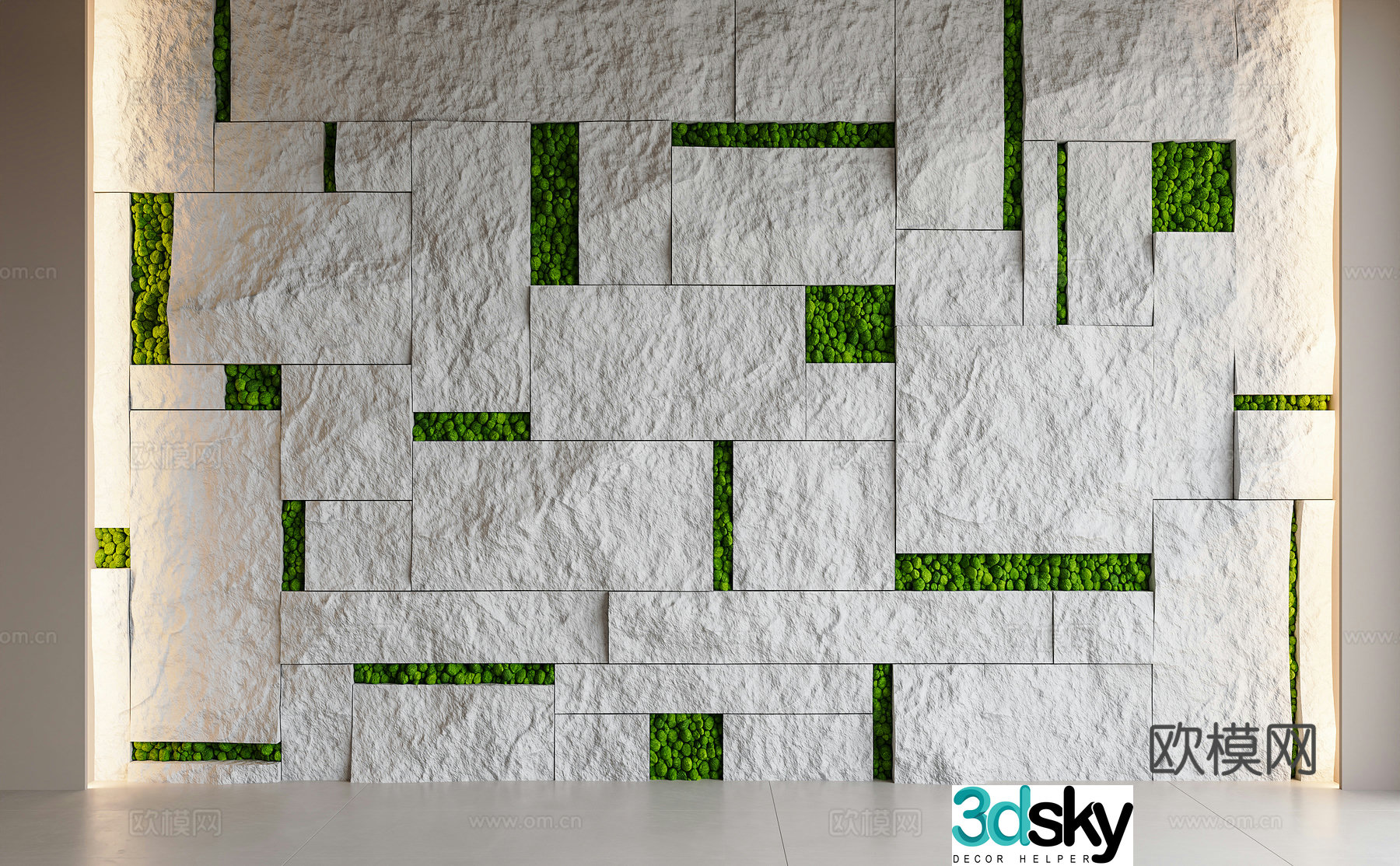 Modern rough stone background wall green plant background wall white rough stone 3D model