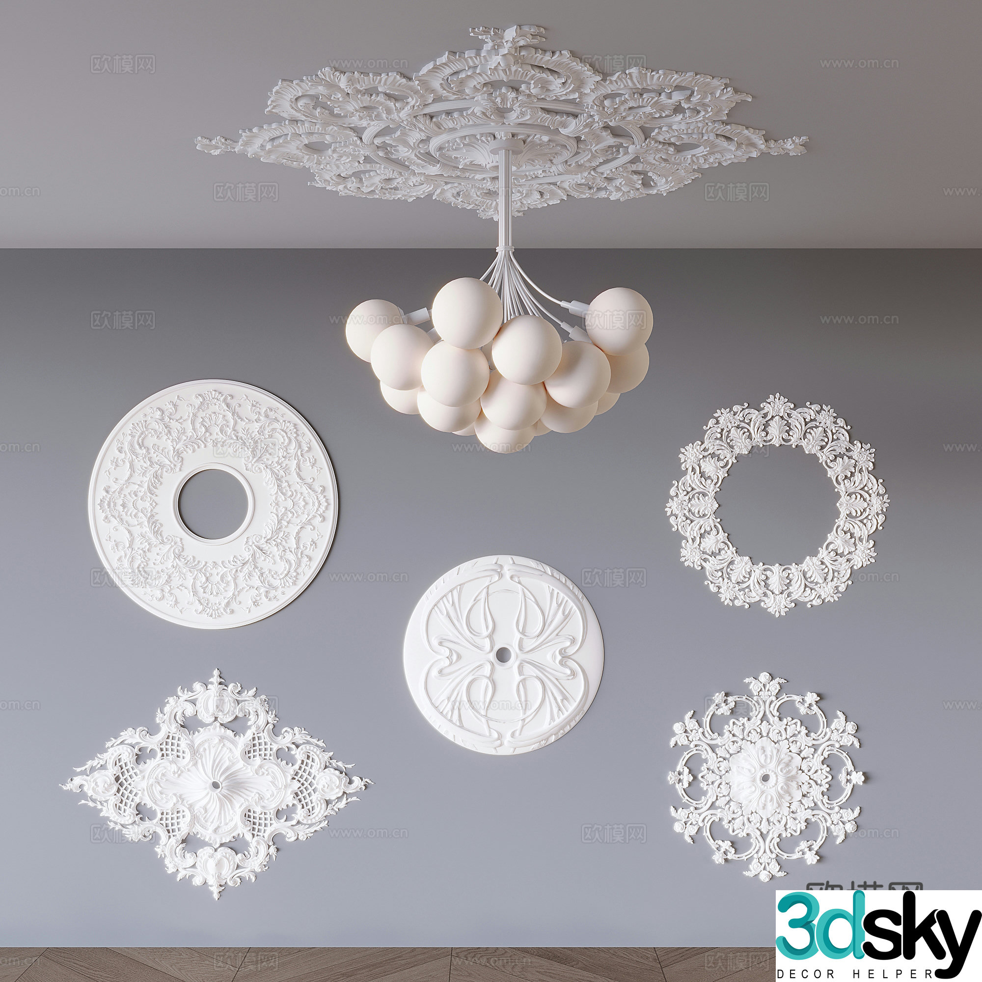 French carved plaster lamp panel chandelier carved plaster base 3d model