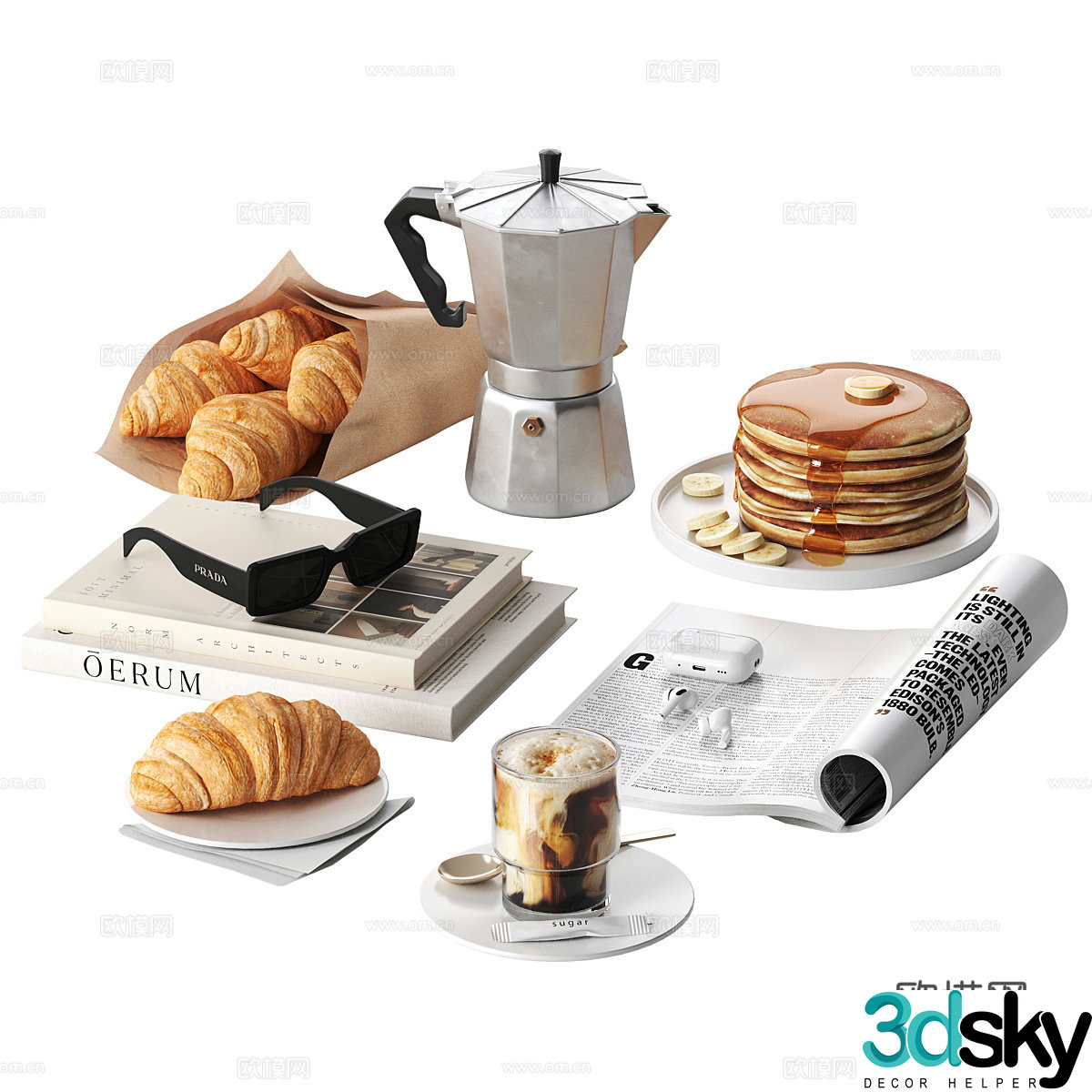 Desktop decorations bread tea books 3d model