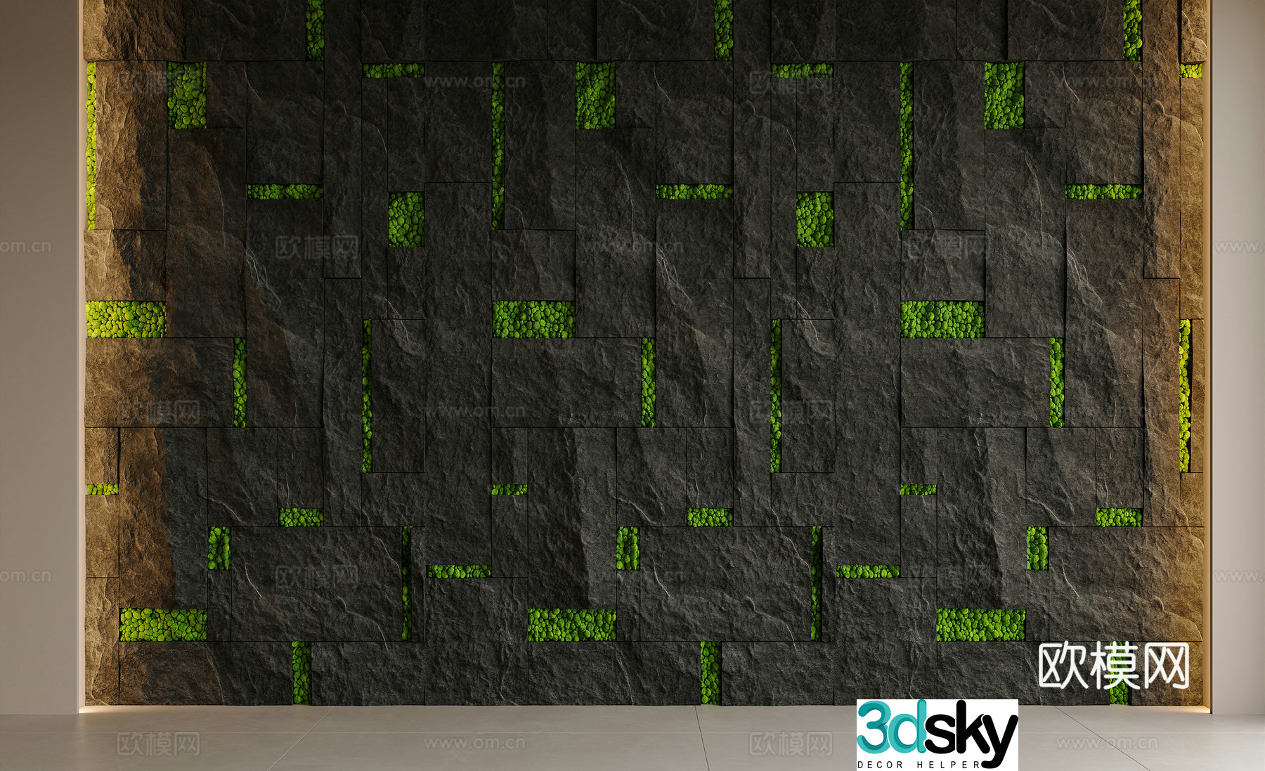Modern rough stone wall green plant background wall cultural stone blue strip stone stone wall rock wall 3D model