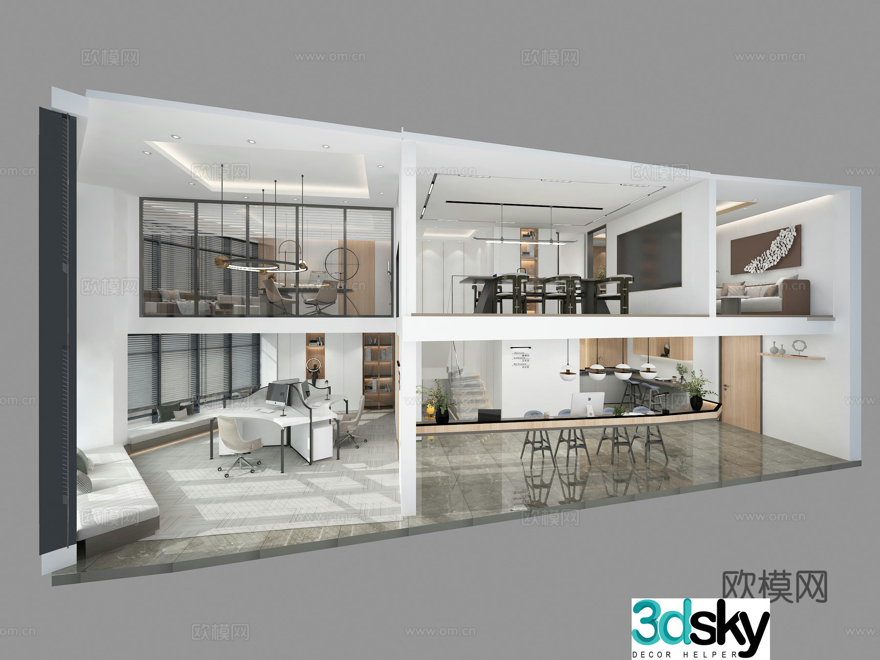 Modern office office area half aerial view 3d model