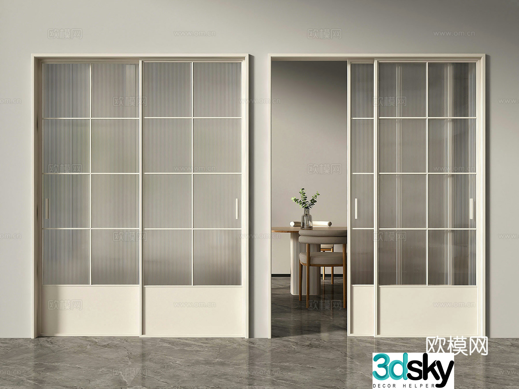 French sliding door kitchen and bathroom door 3d model