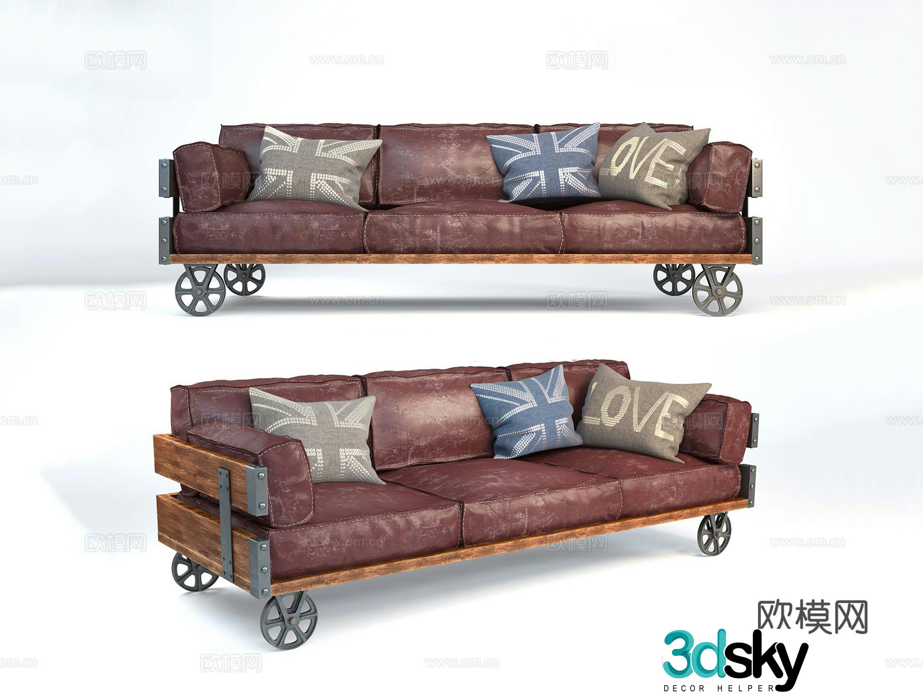 Industrial style three-seat sofa leather sofa 3d model