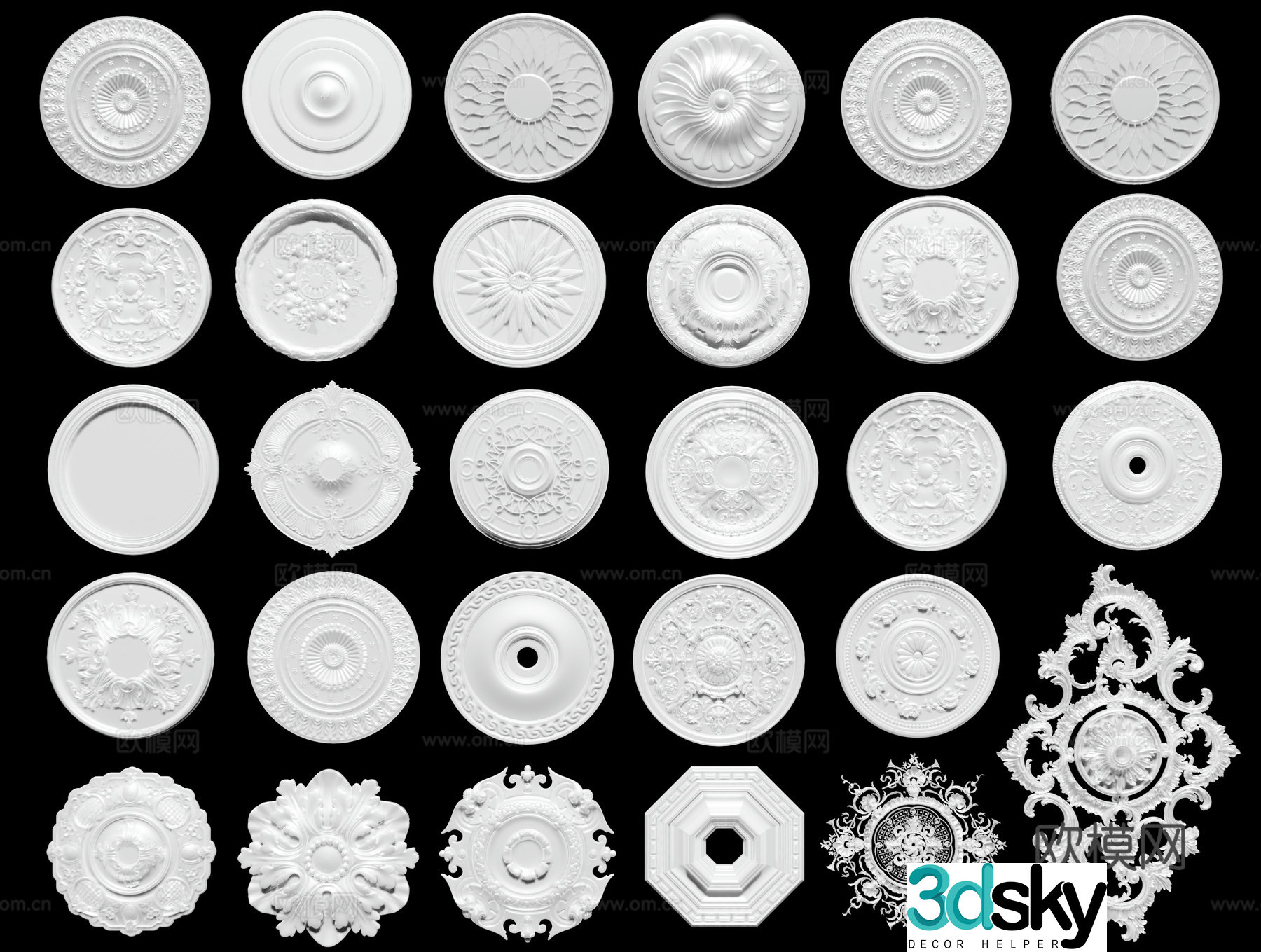 European carved lamp panel carved plaster disc round lamp holder 3D model