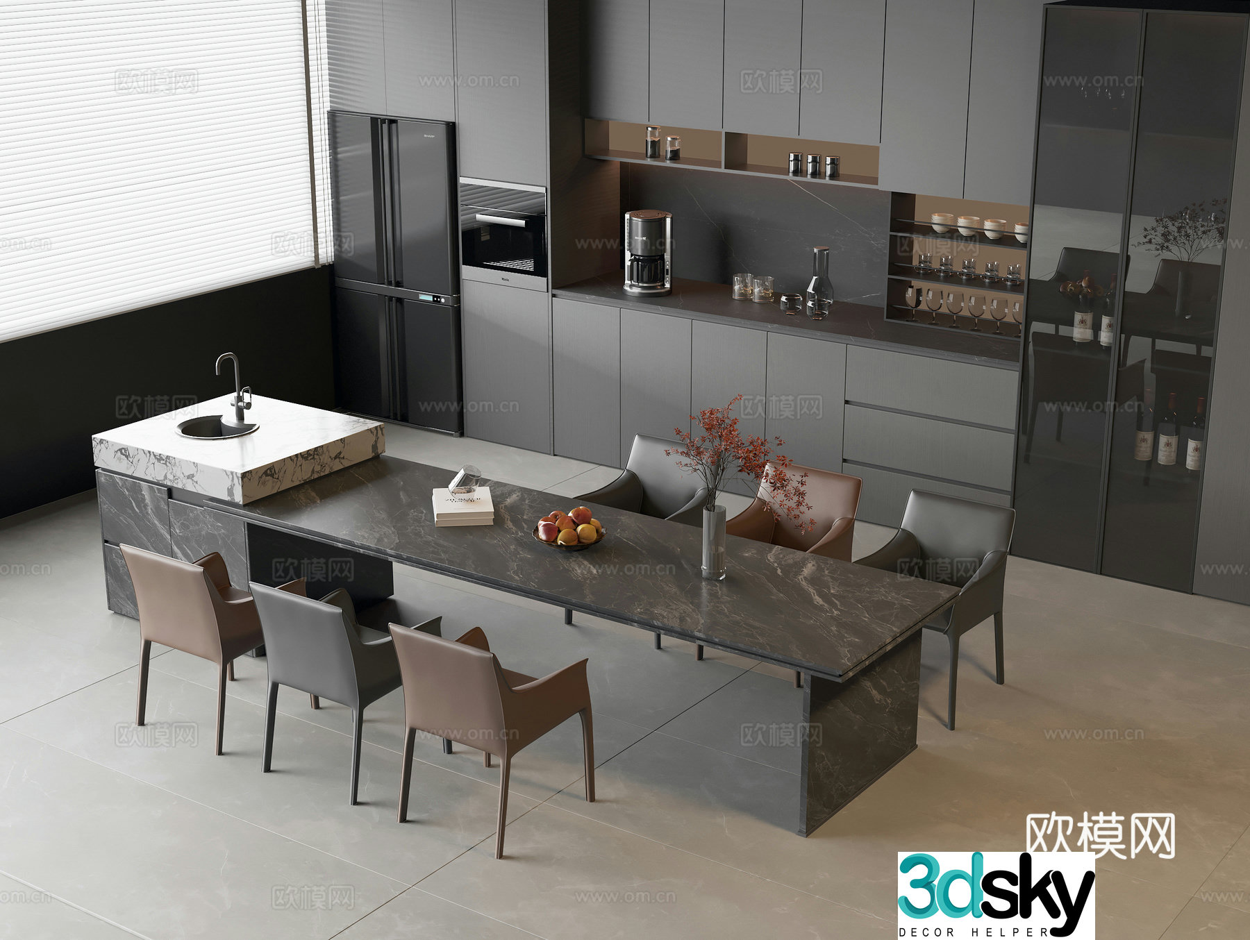 Modern island dining table and chairs 3d model