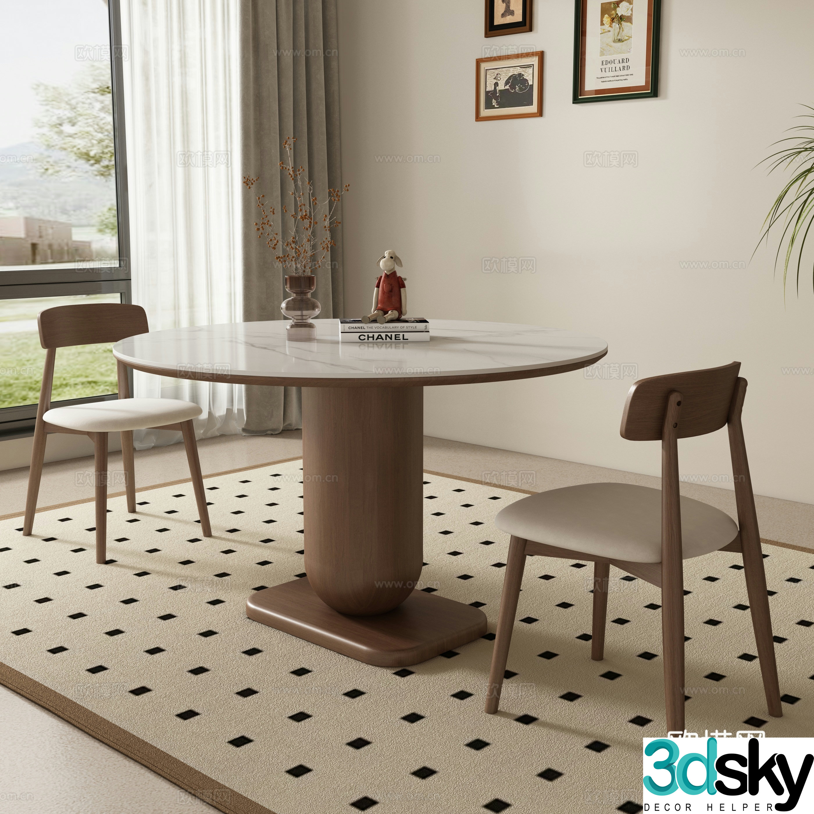 Medieval style round dining table and chairs 3D model
