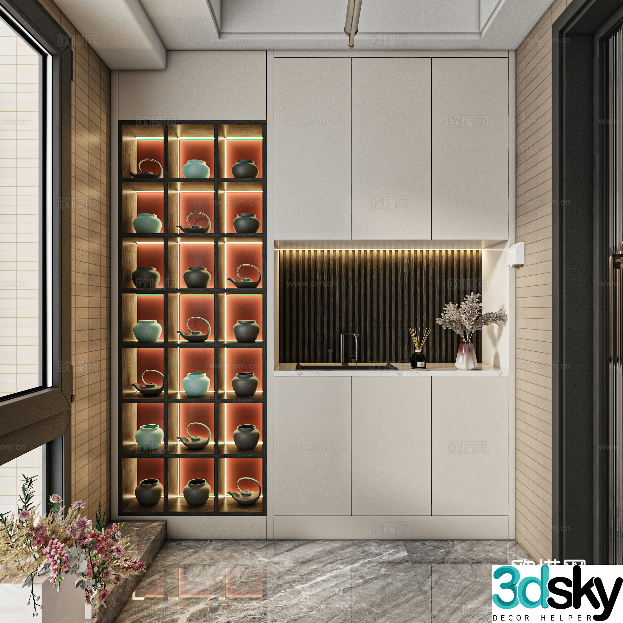 New Chinese style living balcony 3D model