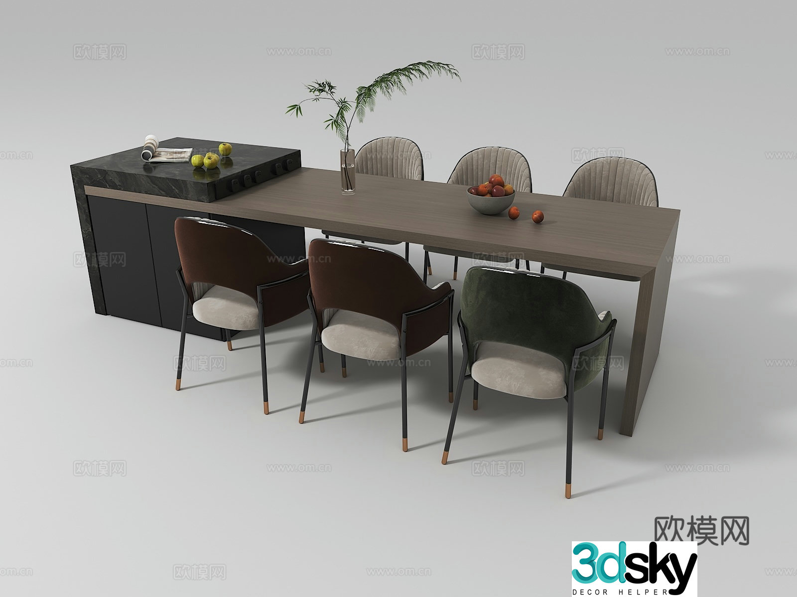 Italian island dining table and chairs 3d model