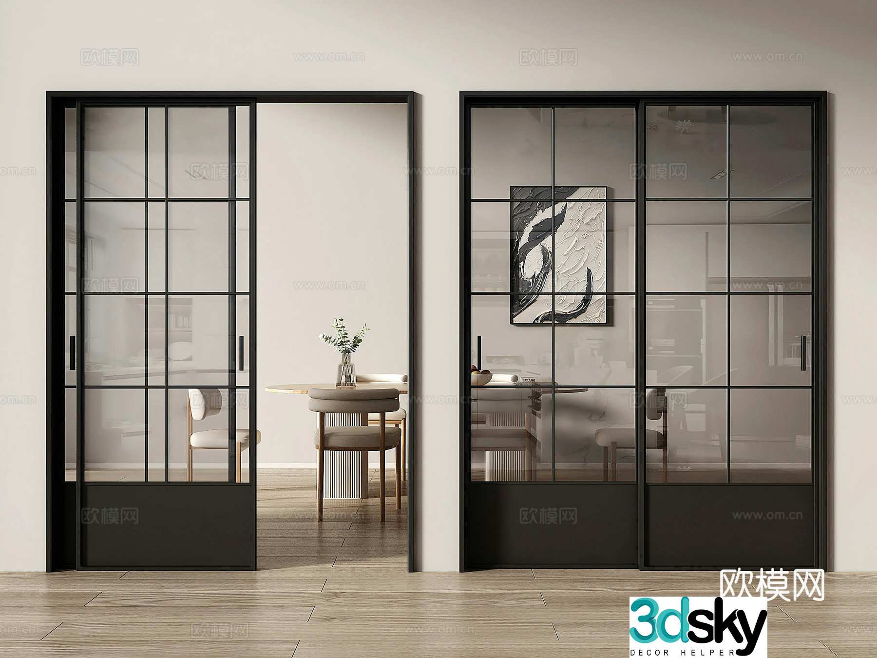 French sliding door kitchen and bathroom door 3d model
