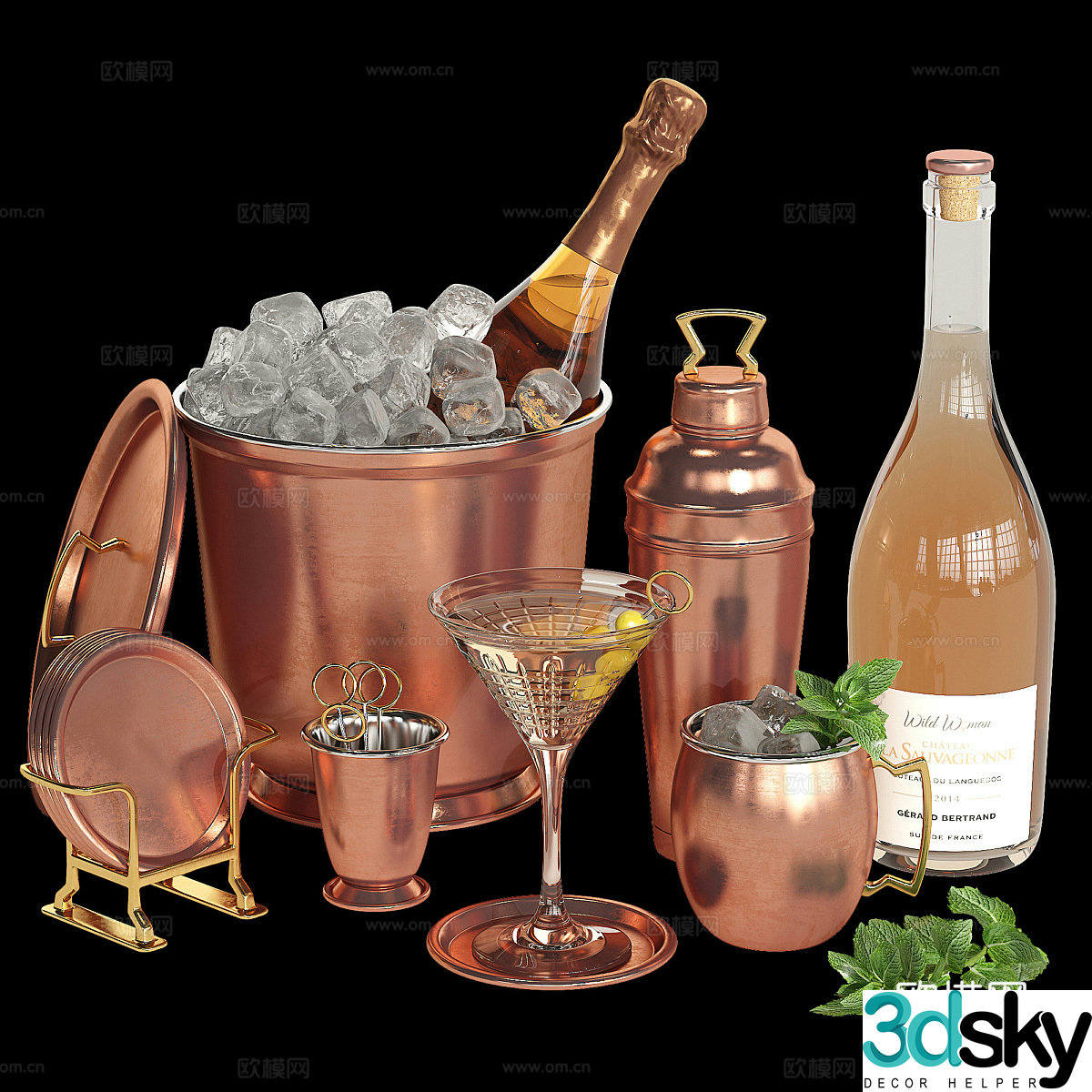 Wine ornaments wine barrels wine bottles copper wineware 3D model