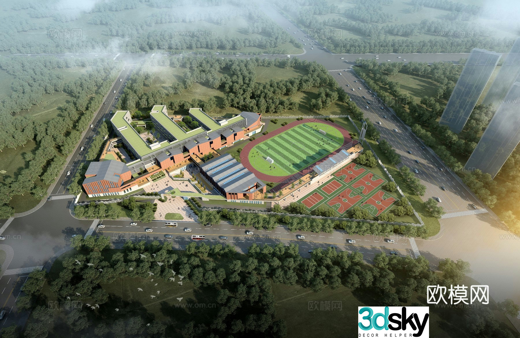 School aerial view 3d model