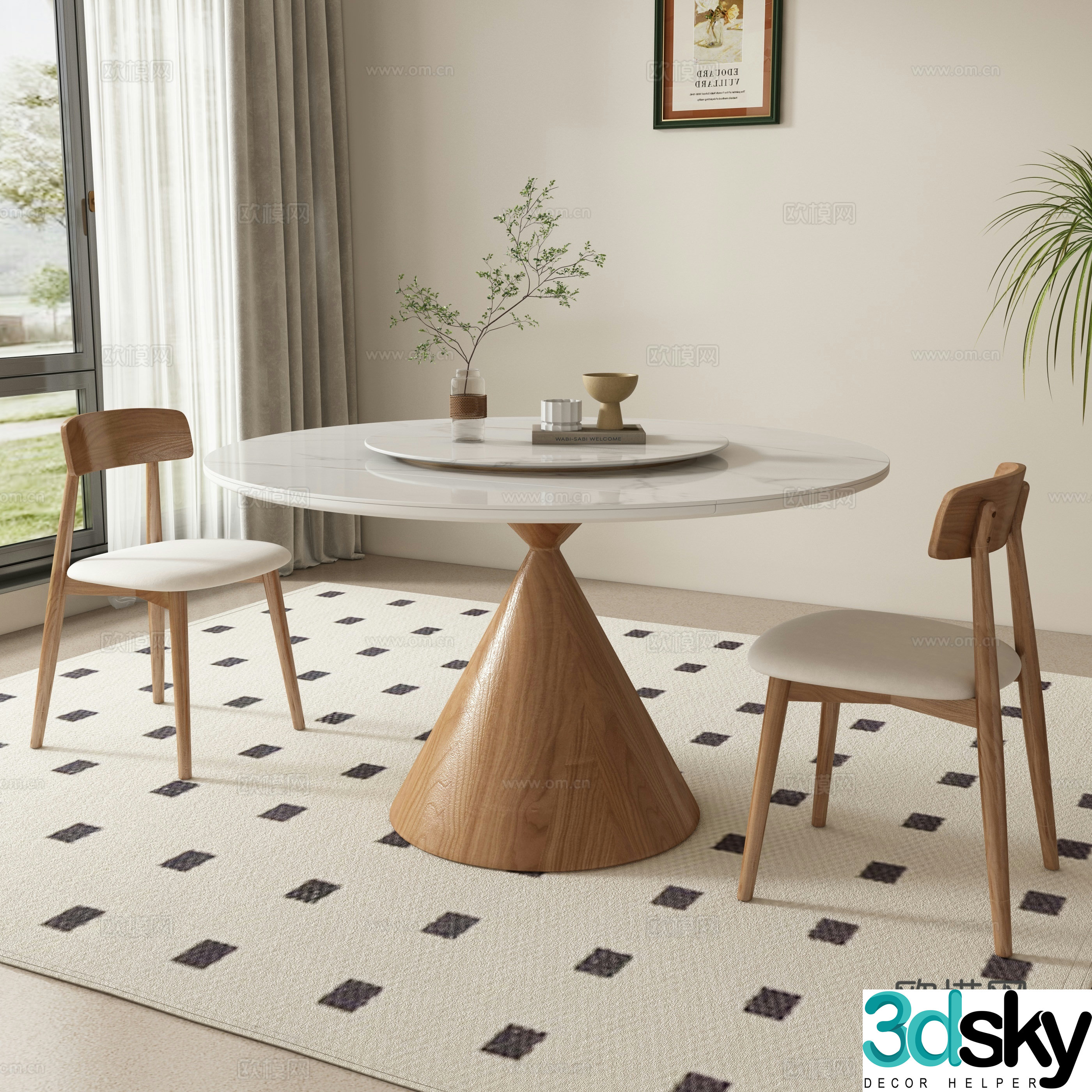 Round dining table and chairs 3d model