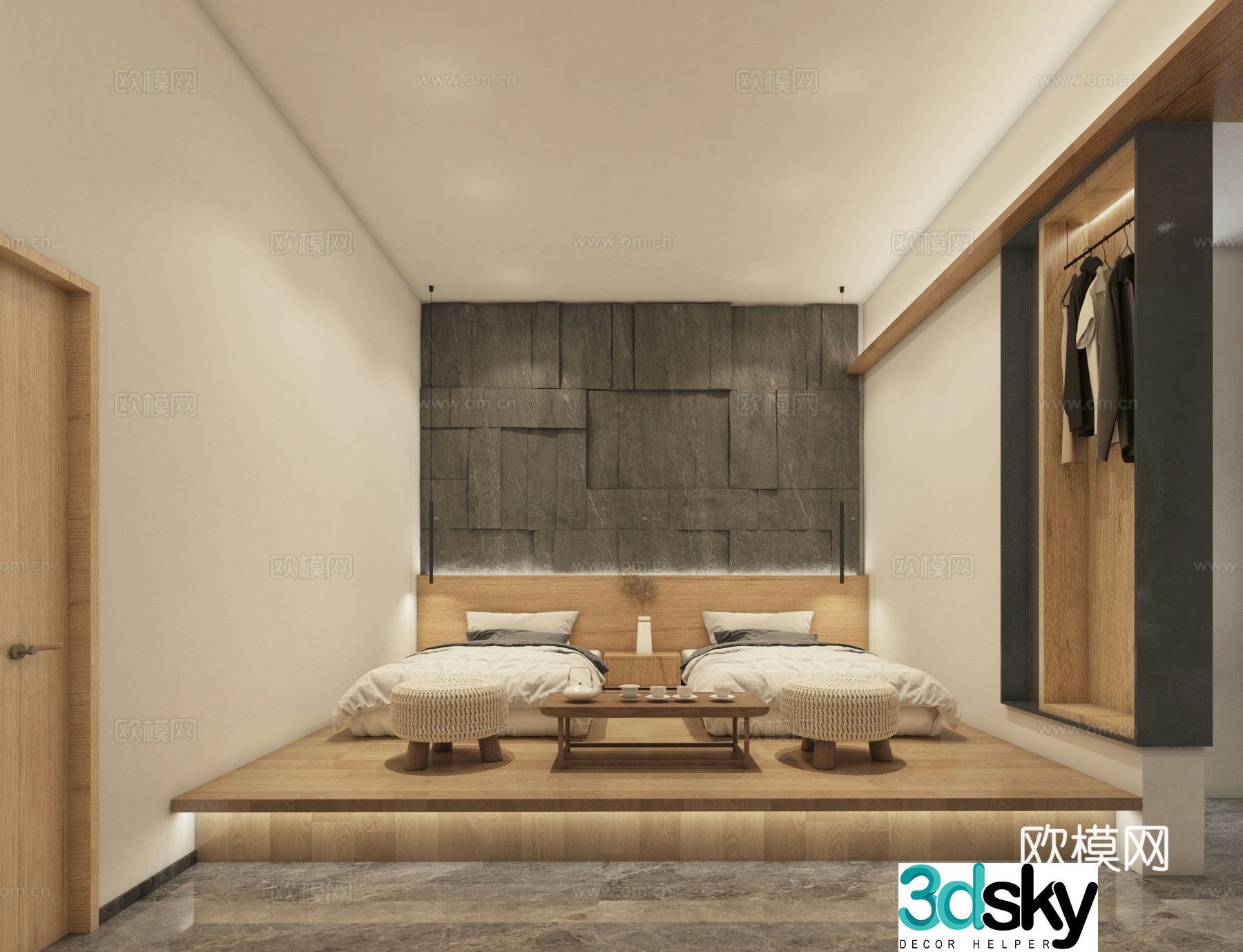 Log style B&B tatami bedroom twin bed 3D model