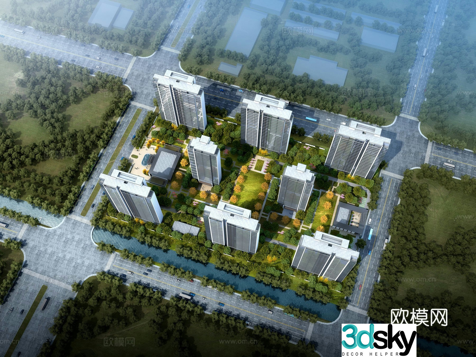 Residential area aerial view 3d model
