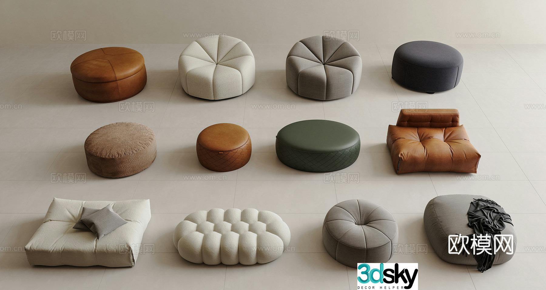 Modern sofa stool bed end stool footrest bench round stool square stool footrest 3D model