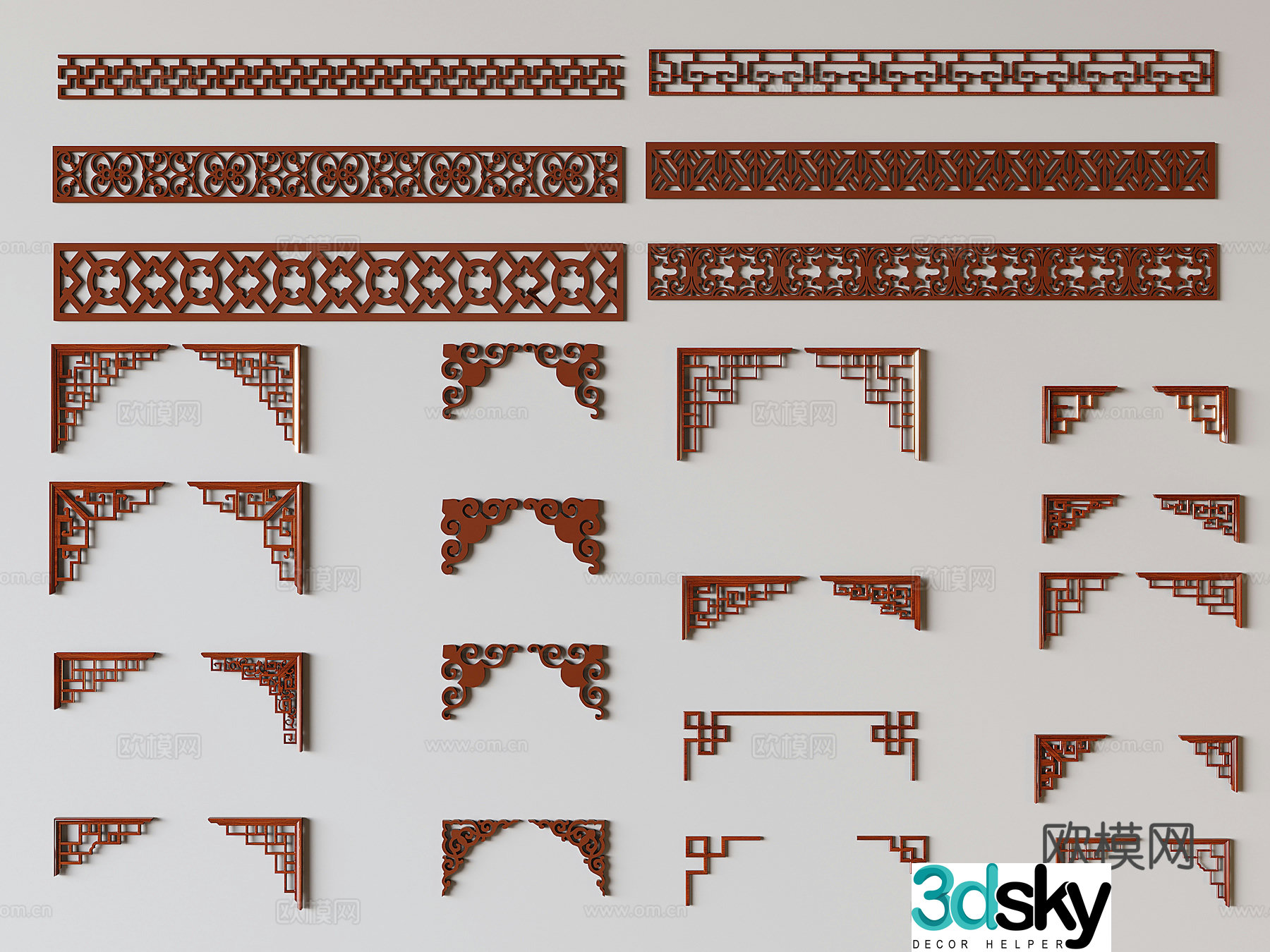 New Chinese style carved lattice carved lines corner flower 3D model